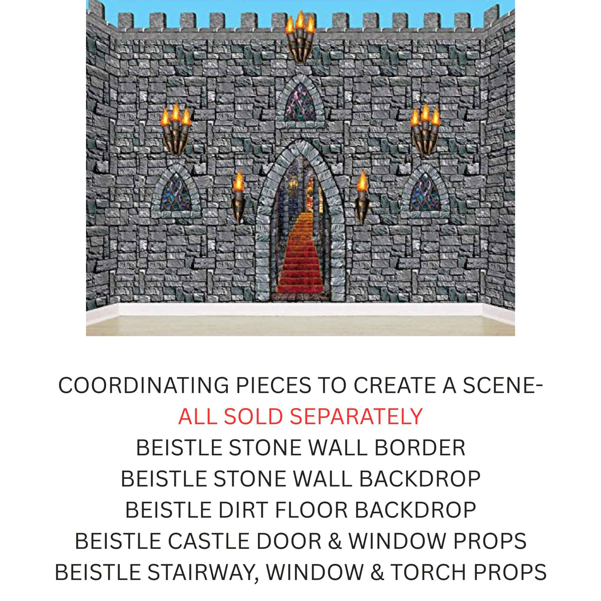 Beistle Medieval Stairway, Window & Torch Props, 9 Images, Haunted Castle Wall Decorations, Spooky Gothic Scene for Halloween Parties & Dungeon Themes, Printed Plastic Cutouts, 18” to 60”