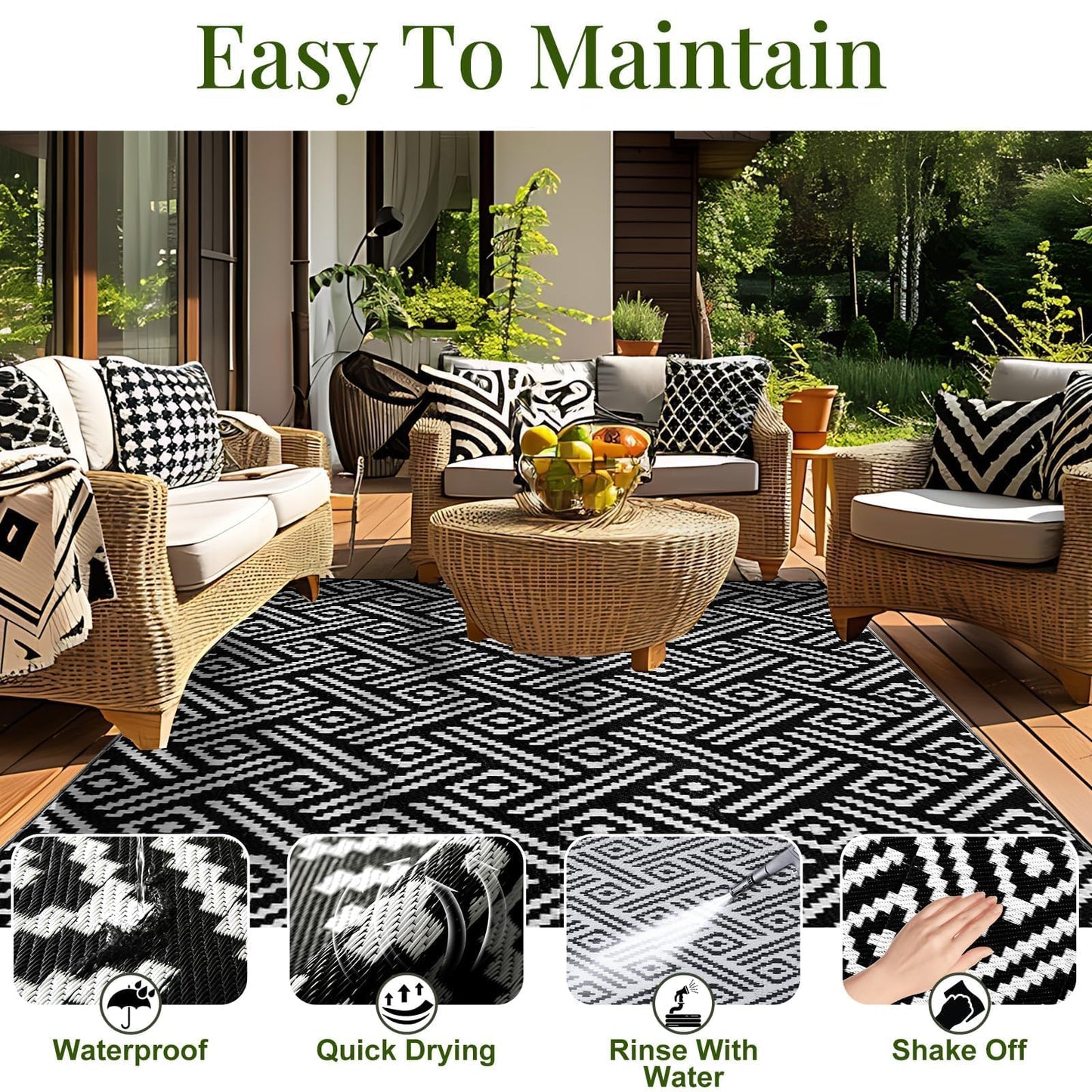 OPPODREAM Outdoor Rug 5x7 Ft, Waterproof Outdoor Plastic Straw Rug for Patio, Reversible Out Door Carpet for Camping, Deck, Rv, 5 x 7 Area Carpet Balcony, Porch, Backyard, Black and White 🍁 All In One Marketplace Canada