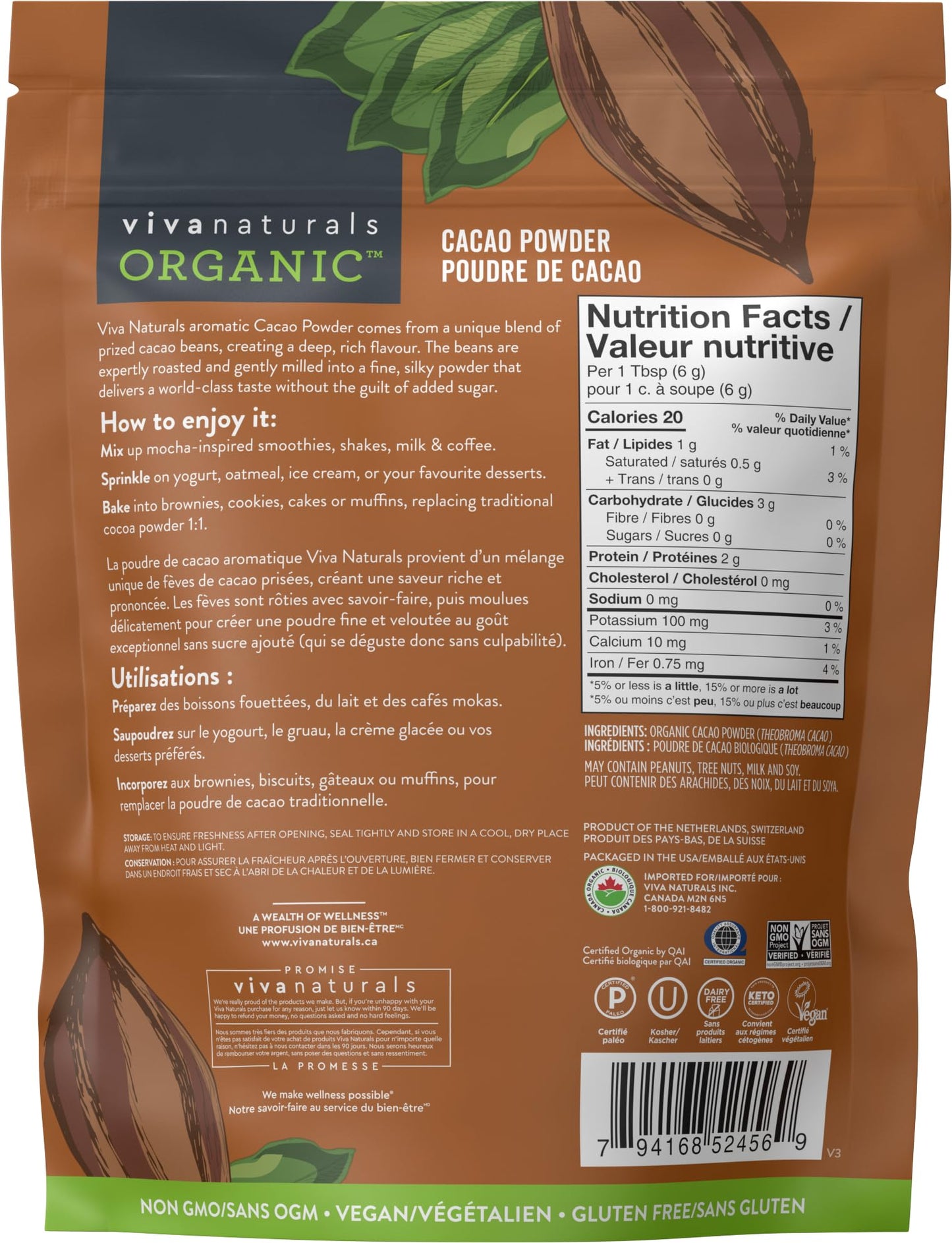 Viva Naturals Organic Non-GMO Cacao Powder, 1 Pound Bag 🍁 All In One Marketplace Canada
