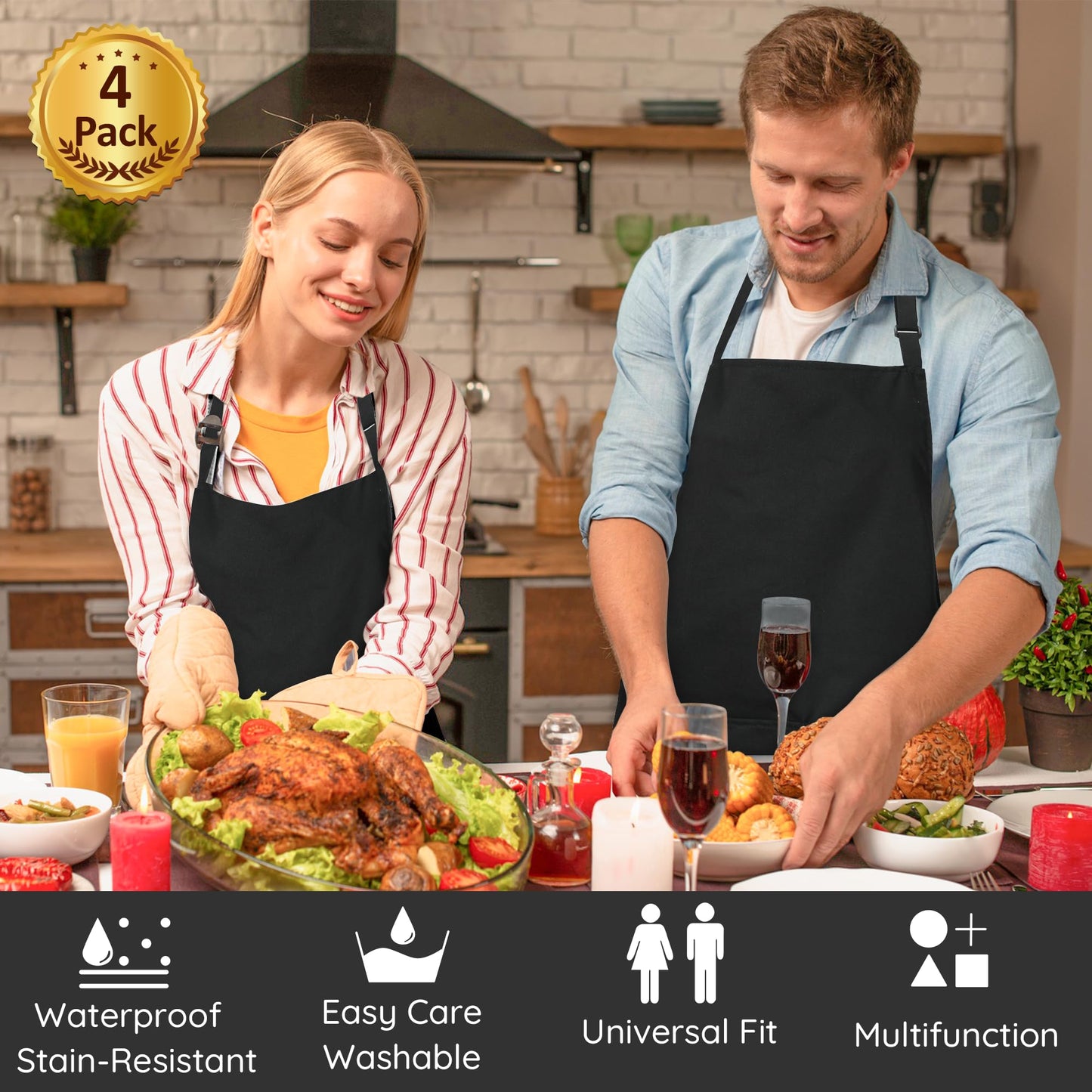 4 Packs Chef Apron, Black Waterproof Apron, Adjustable Apron with 2 Pockets for Men Women, Professional Apron for Kitchen Cooking Gardening Painting Baking Restaurant (Black) 🍁 All In One Marketplace Canada
