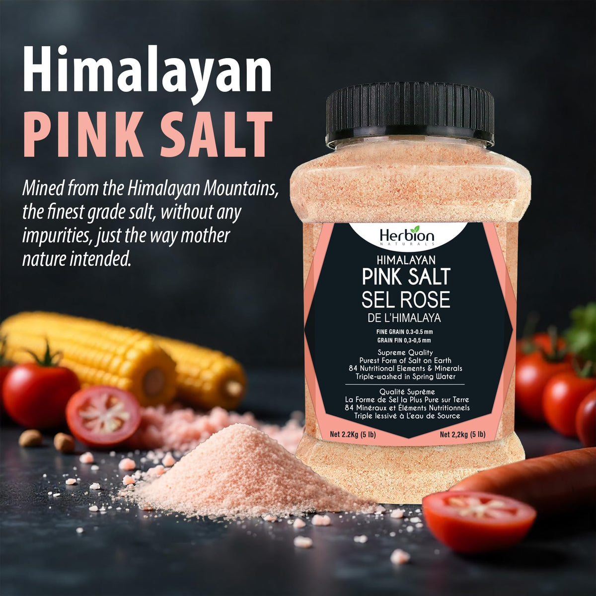 Herbion Naturals Himalayan Pink Salt - Fine Grain - 5 lb. (2.2 Kg) Unbreakable Jar - Kosher Certified - GMO-Free - Vegan - Supreme Quality - Chemical Free 🍁 All In One Marketplace Canada