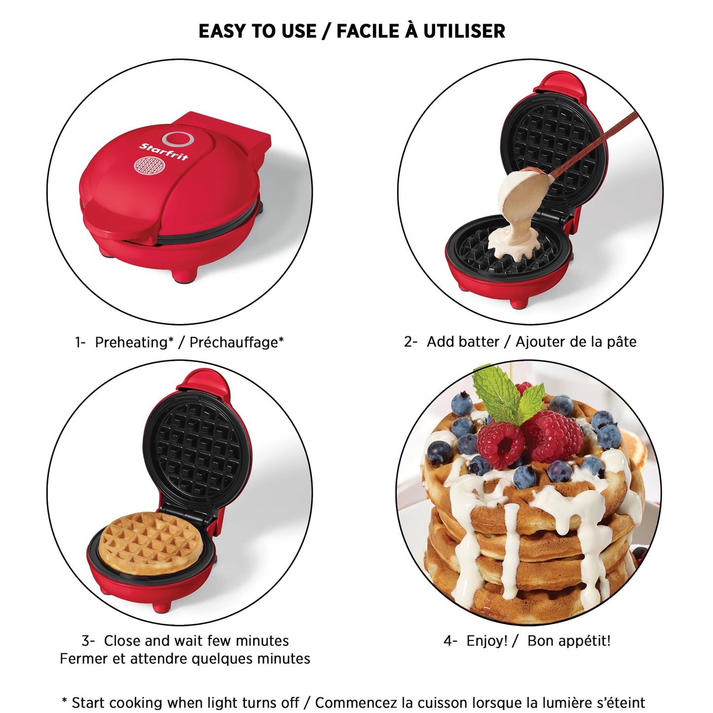 Starfrit Electric Mini Waffle Maker - 4" Non-Stick Cooking Surface - Easy to Use & Clean - Red - 350W 🍁 All In One Marketplace Canada