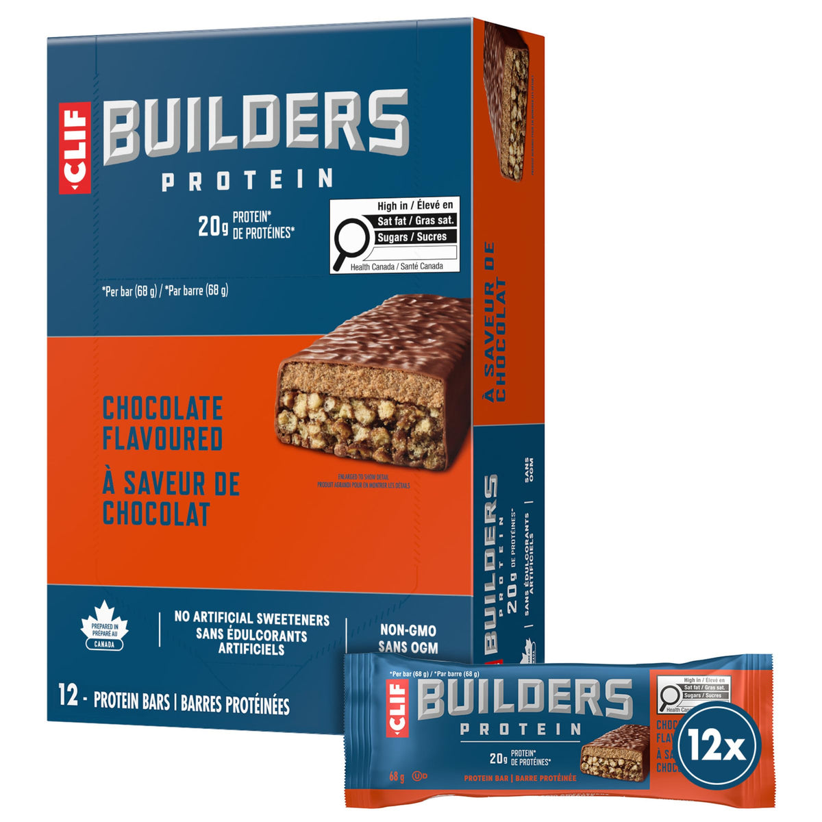 CLIF BUILDERS Protein Bars, Chocolate Flavour, 20g of Protein, Prepared in Canada, Gluten Free, No Artificial Sweeteners, 68 g (Pack of 12) 🍁 All In One Marketplace Canada