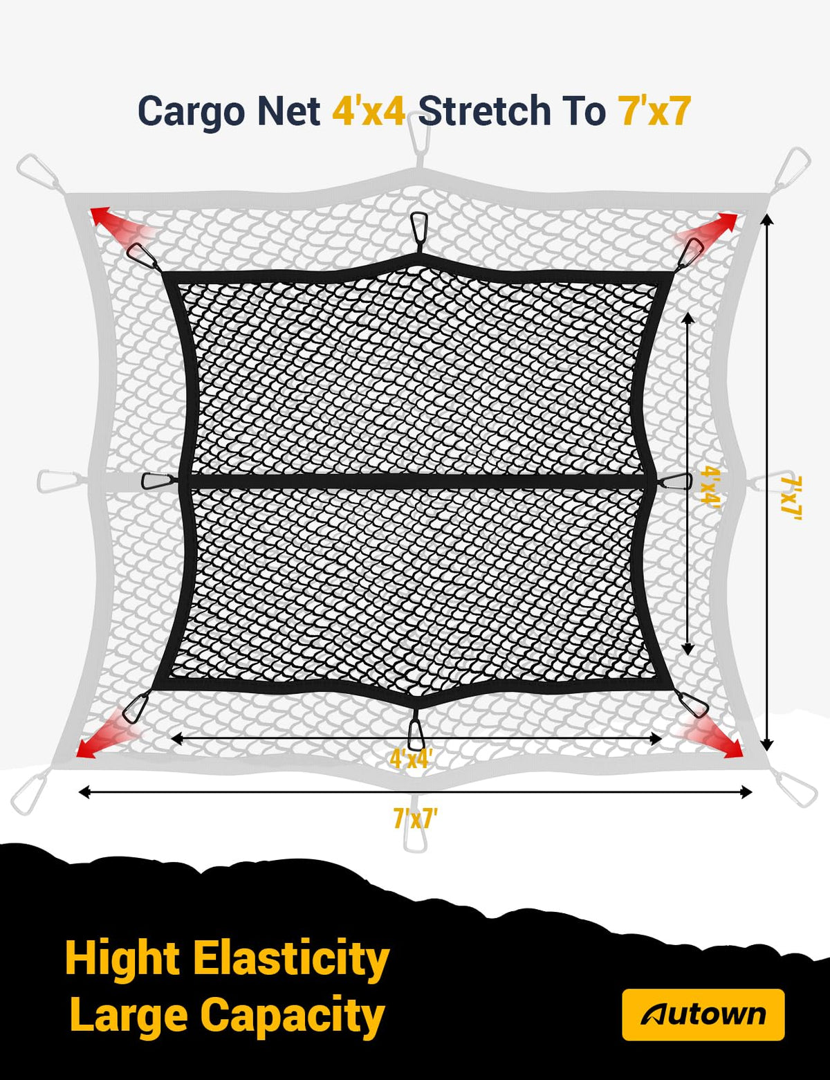 AUTOWN Cargo Net for Pickup Truck Bed - Stretchable 4'x4' to 7'x7', High Elastic Fine Mesh 1''x1'' with 8 Metal Carabiners - Ideal for ATV, SUV, UTV, Truck and Boat Use (Single Layer) 🍁 All In One Marketplace Canada