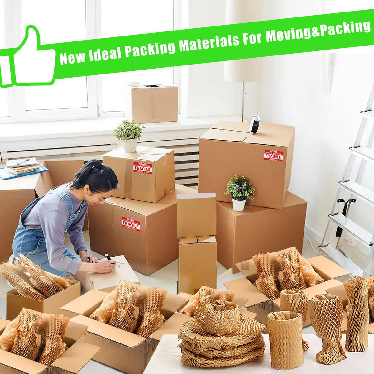 Honeycomb Packing Paper, MINHAO 15"x230' Eco Friendly Packing Paper for Moving Recyclable Honeycomb Paper Moving Supplies Bubble Wrapping Protective Roll, With 36 Fragile Sticker Labels 🍁 All In One Marketplace Canada