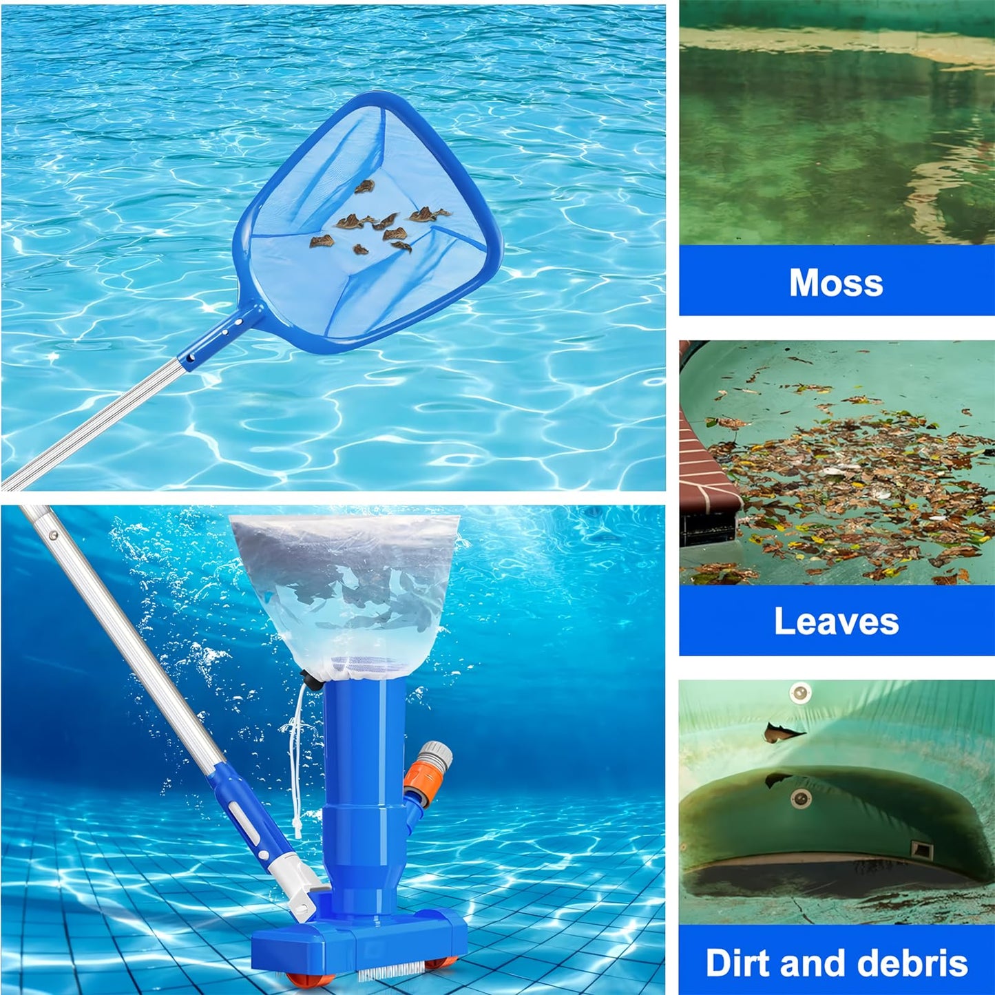 60" Portable Pool Vacuum Jet Underwater Cleaner and Leaf Skimmer Net (No Garden Hose Included), 4 Section Pole of Hand Held Portable Vacuum Pool Cleaner for Above Ground Pool Spa Pond Fountain Hot Tub 🍁 All In One Marketplace Canada