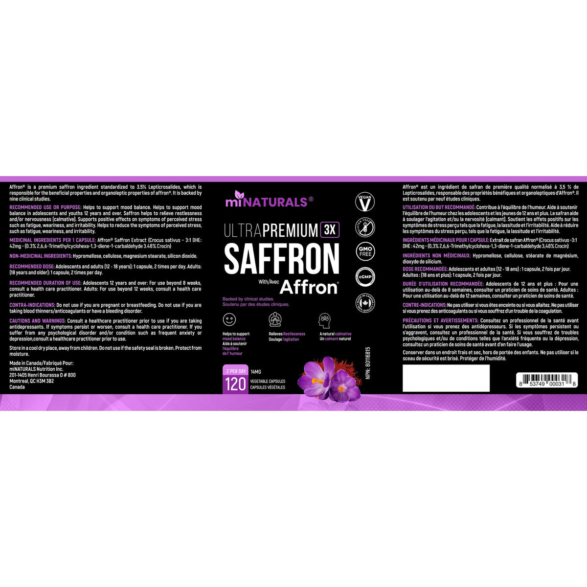 miNATURALS Saffron Supplements 120 Capsules | Clinically Studied Affron Saffron Extract | Stress & Mood Support for Men, Women & Teens | Pure Saffron Pills 🍁 All In One Marketplace Canada