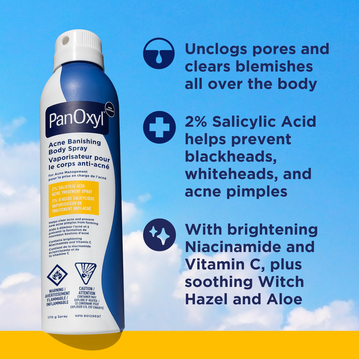 PanOxyl Acne Banishing Body Spray with 2% Salicylic Acid, Pimple Treatment to Help Clear Stubborn Breakouts, 360-Degree Spray Nozzle, Skin-Brightening Niacinamide, Vitamin C, Witch Hazel, Aloe, 170g 🍁 All In One Marketplace Canada