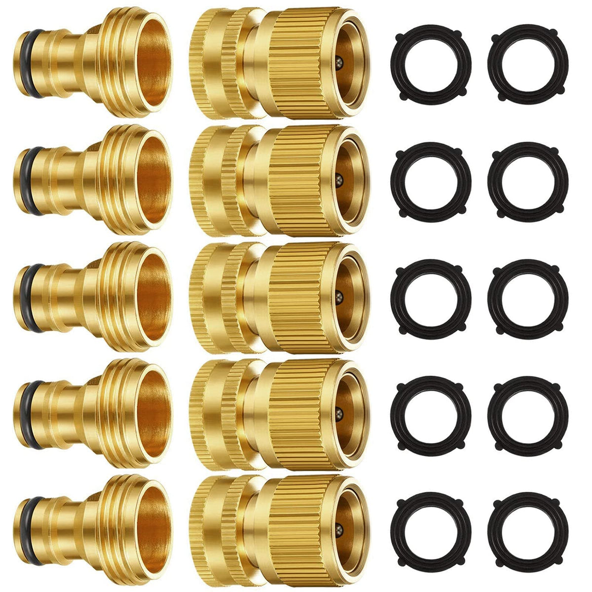 Garden Hose Quick Connectors, Solid Brass 3/4 inch GHT Thread Easy Connect Fittings No-Leak Water Hose Male Female Value Pack (5 Set) with 10pcs Extra Rubber 🍁 All In One Marketplace Canada