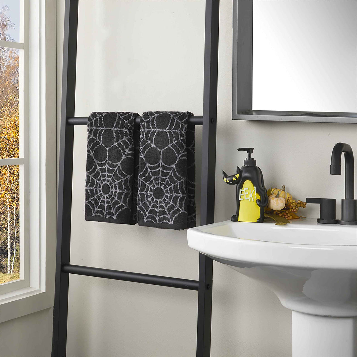 SKL Home Halloween Spider Web 100% Cotton Jacquard 2pc Hand Towel Set, Reversible, Soft & Absorbent, Decorative for Bath/Kitchen/Bar & Gift, Black