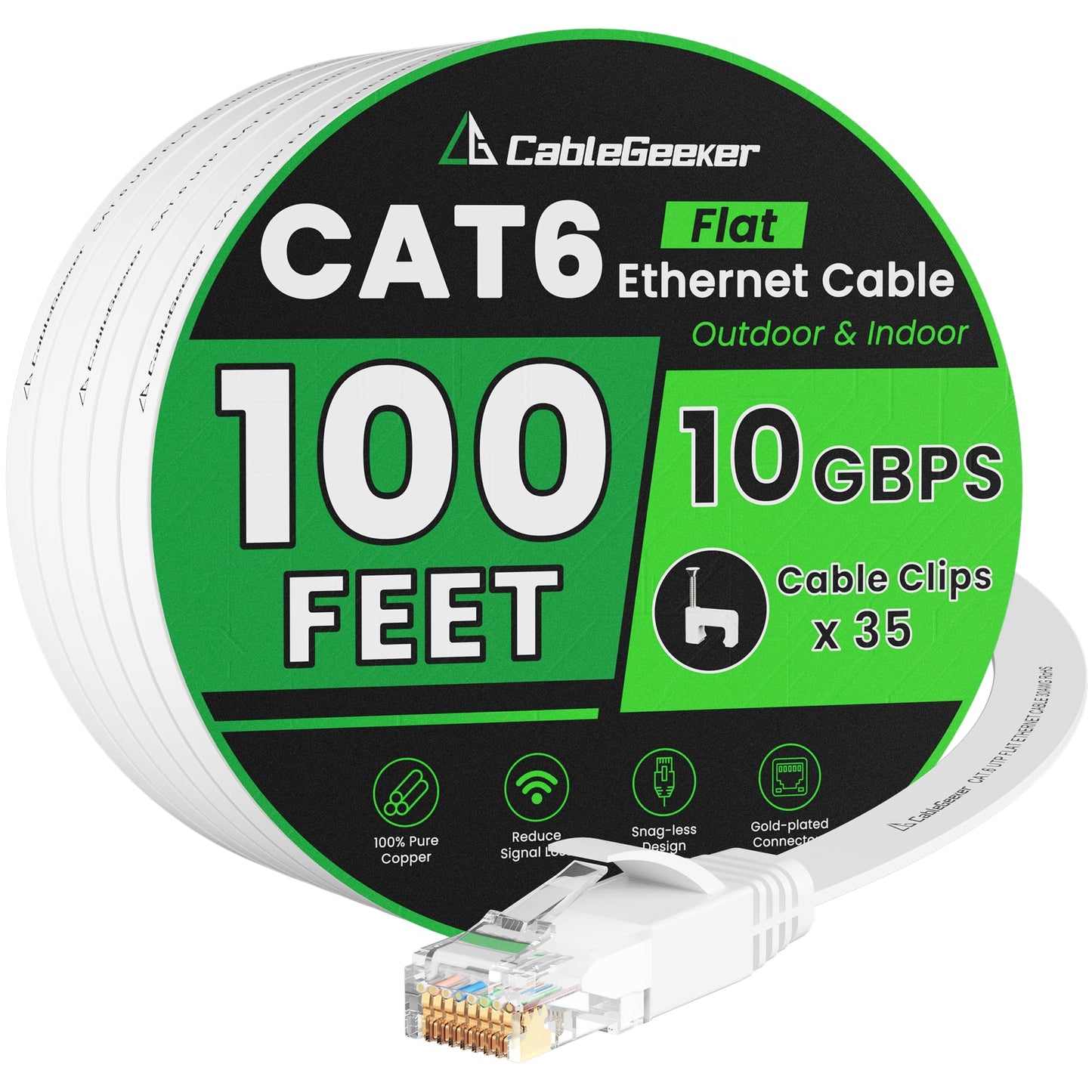 Cat 6 Ethernet Cable 100ft - High Speed 10Gbps, Indoor&Outdoor, Slim Flat Design, Supports Cat7 Network - for Router, Modem, PS4/5, Xbox - White, Weatherproof, Includes 35 Clips & 4 Straps 🍁 All In One Marketplace Canada