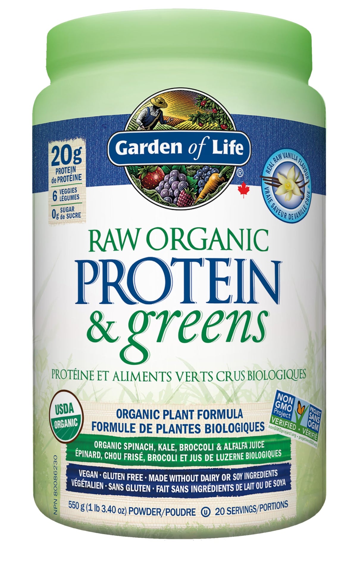 Garden Of Life Raw Organic Protein&greens - Vanilla 550.0 Gram Vanilla. Packed with 20g of protein, 6 veggies and 0g sugar. A delicious protein boost from organic sprouted brown rice, pea & chia, plus a blend of nutrient-rich greens. Gluten free, made wit