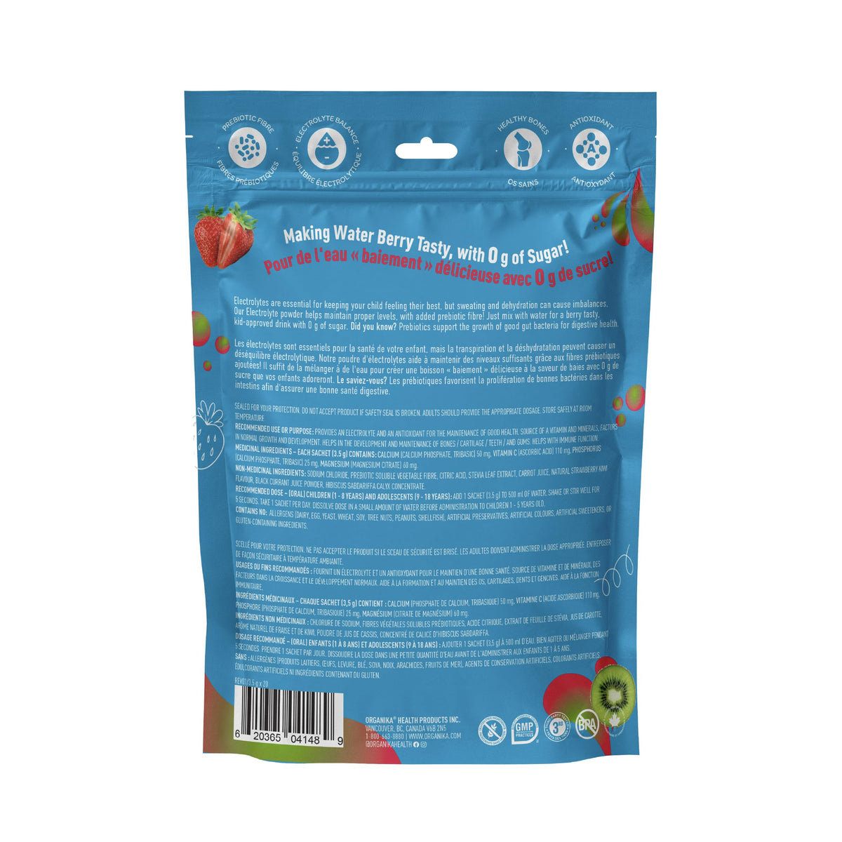 Organika Kids Electrolytes Powder Sticks - Sugar-Free Hydration + Immune support with 100% of daily Vitamin C, Minerals and Prebiotic Fibre | Strawberry Kiwi Flavour - 3.5g x 20 sachets 🍁 All In One Marketplace Canada