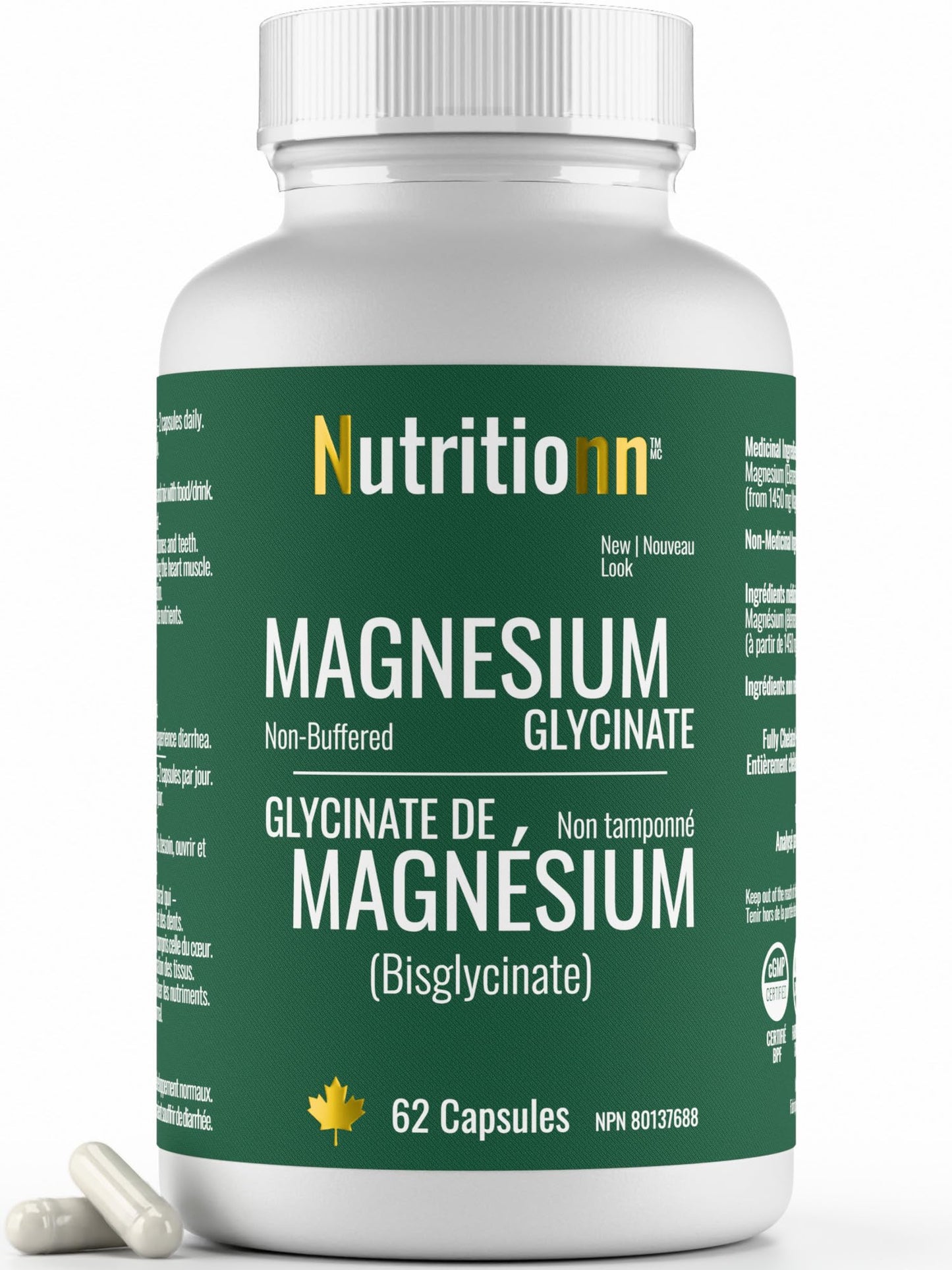 Magnesium Glycinate 200 mg Capsules (Elemental) from Non-Buffered Fully Chelated 100% Magnesium Bisglycinate - 62 Max-Capacity High-Absorption Capsules - Made in Canada - Nutritionn 🍁 All In One Marketplace Canada