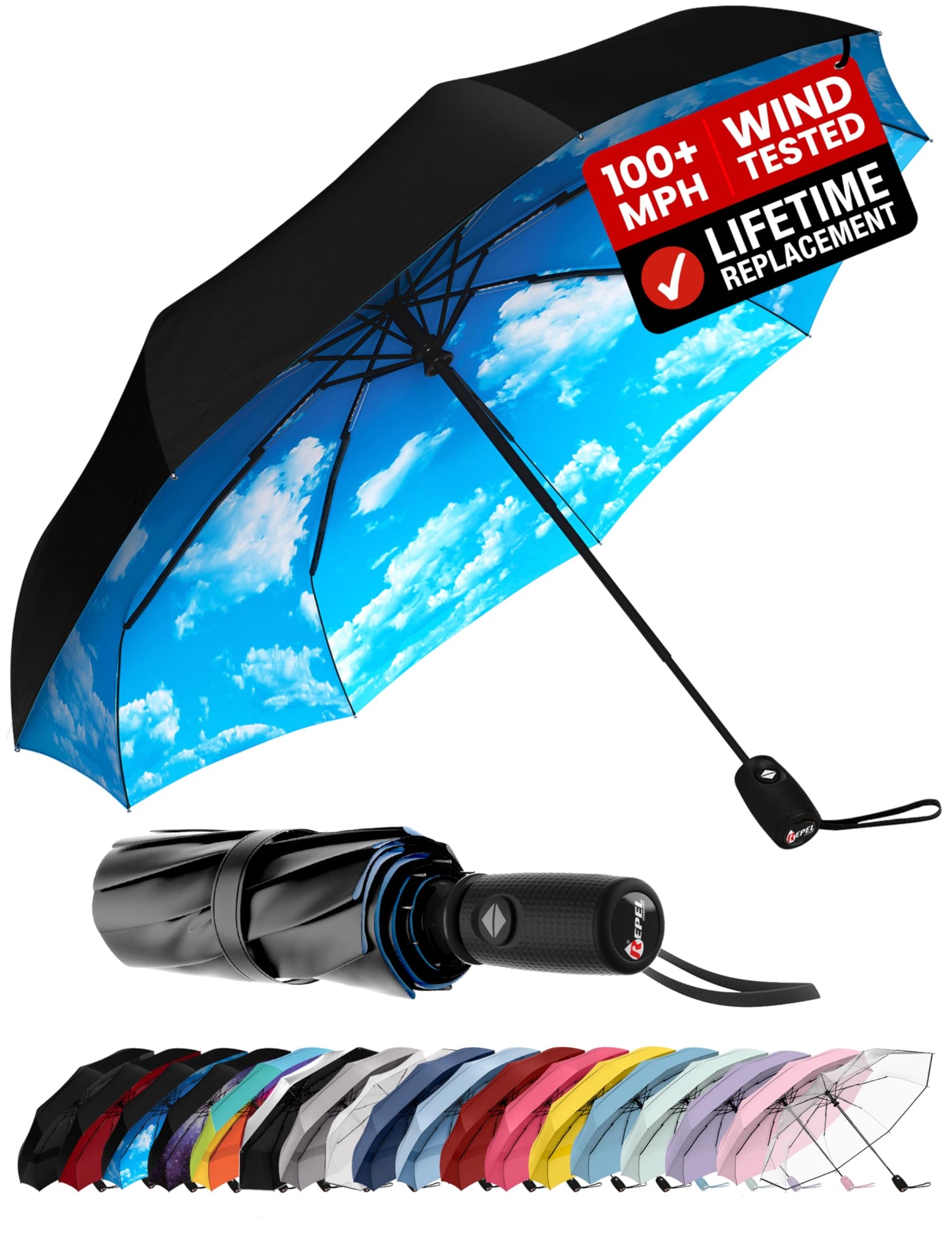 Repel Windproof Travel Umbrella - Compact & Withstands Winds up to 100MPH, Strongest Premium Auto Folding Umbrella for Rain and Sun - Durable, Light & Portable for Women & Men, Fits Backpack & Cars 🍁 All In One Marketplace Canada