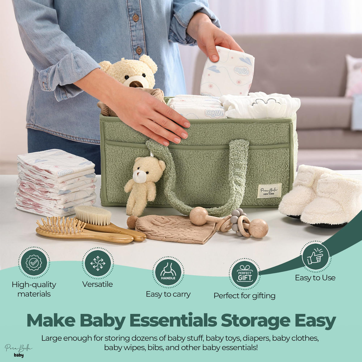PeraBella Baby Diaper Caddy Organizer, Baby Organizers and Storage for Changing Table, Babies Shower Gift Basket for Boy &Girl, Nursery Essentials Car Caddy Organizer with Handle, Green Diaper Basket 🍁 All In One Marketplace Canada