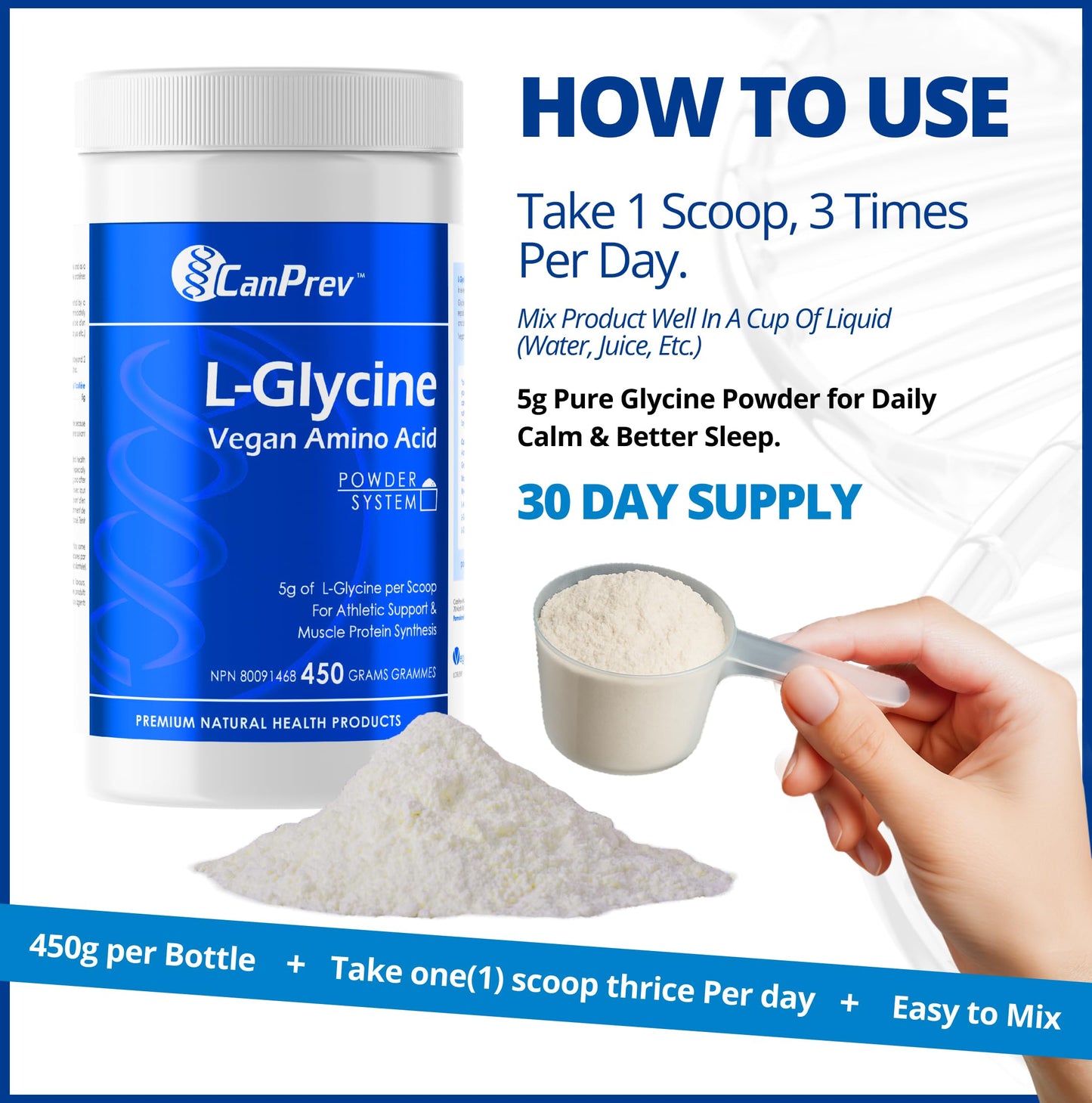CanPrev L-Glycine Vegan Amino Acid Powder 450g – 90 Servings – Pure 5g Glycine for Active Lifestyle, Daily Calm & Recovery – Proudly Canadian-Made 🍁 All In One Marketplace Canada
