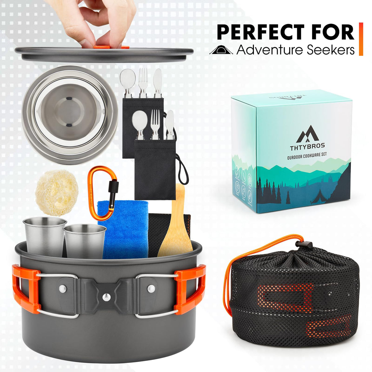 THTYBROS 17pcs Camping Cookware Kit, 0.45Gal Pot, 7inches Pan,0.30Gal Kettle Set with 2 Set Stainless Steel Cups Plates Forks Knives Spoons for Hiking,Camping,Backpacking,Outdoor Cooking and Picnic 🍁 All In One Marketplace Canada
