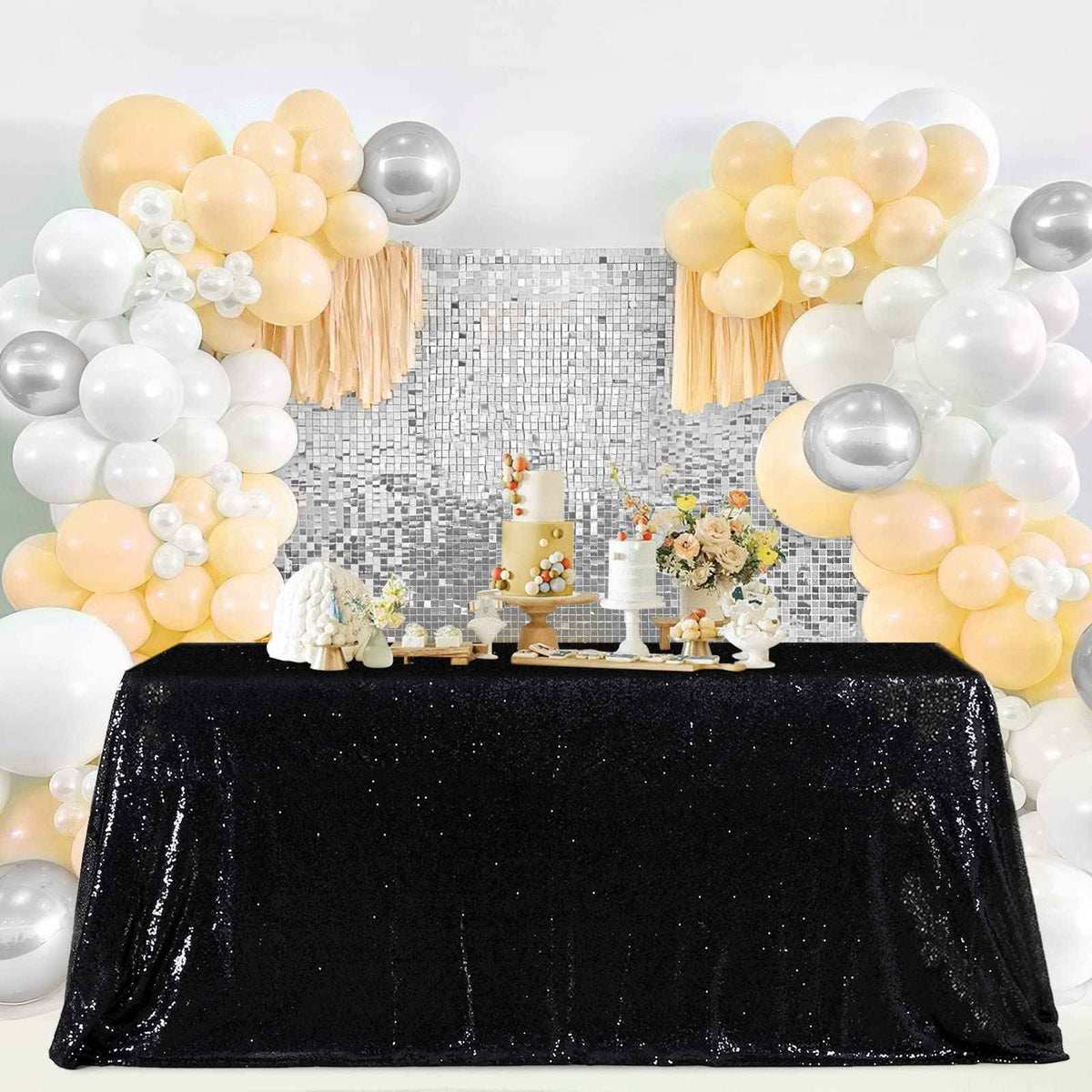 SoarDream Black Sequin Tablecloth 90x156 Inch Rectangle Wedding Tablecloth for Birthday Baby Shower Graduation Indoor Outdoor Halloween Party Table Decorations