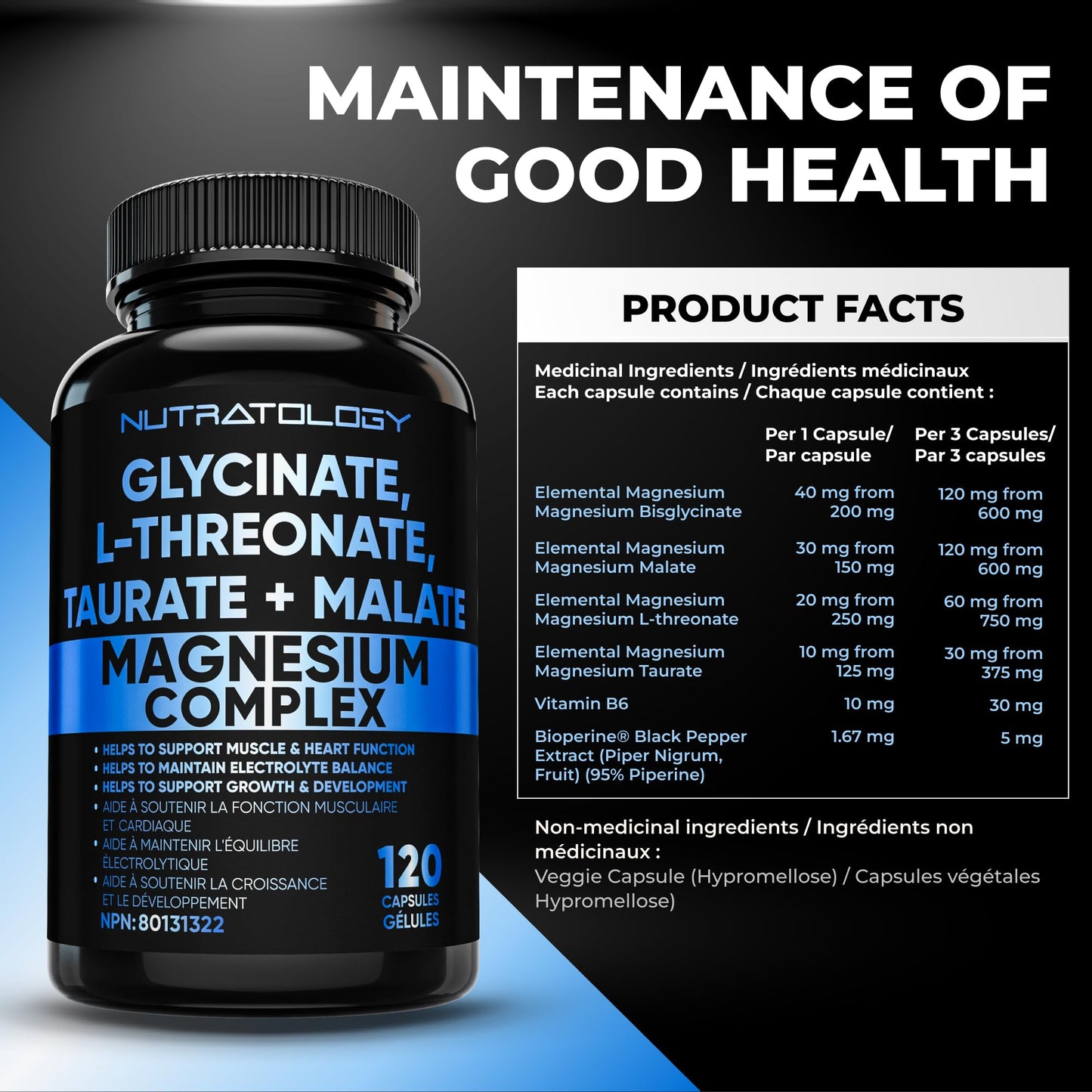Nutratology Magnesium Complex - Glycinate, Malate, L-Threonate & Taurate With Vitamin B6 + Bioperine For Enhanced Absorption - Helps Support Healthy Bones, Muscles, Teeth & Heart - 100MG Elemental Magnesium Per Capsule - 120 Count