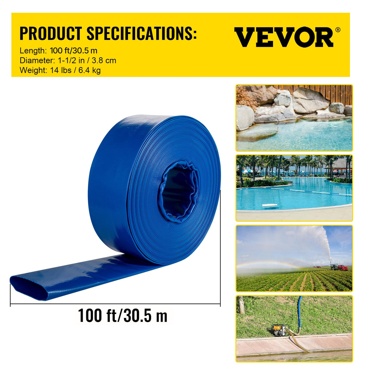 VEVOR Discharge Hose, 1-1/2" x 100', PVC Fabric Lay Flat Hose, Heavy Duty Backwash Drain Hose with Clamps, Weather-Proof & Burst-Proof, Ideal for Swimming Pool & Water Transfer, Blue 🍁 All In One Marketplace Canada