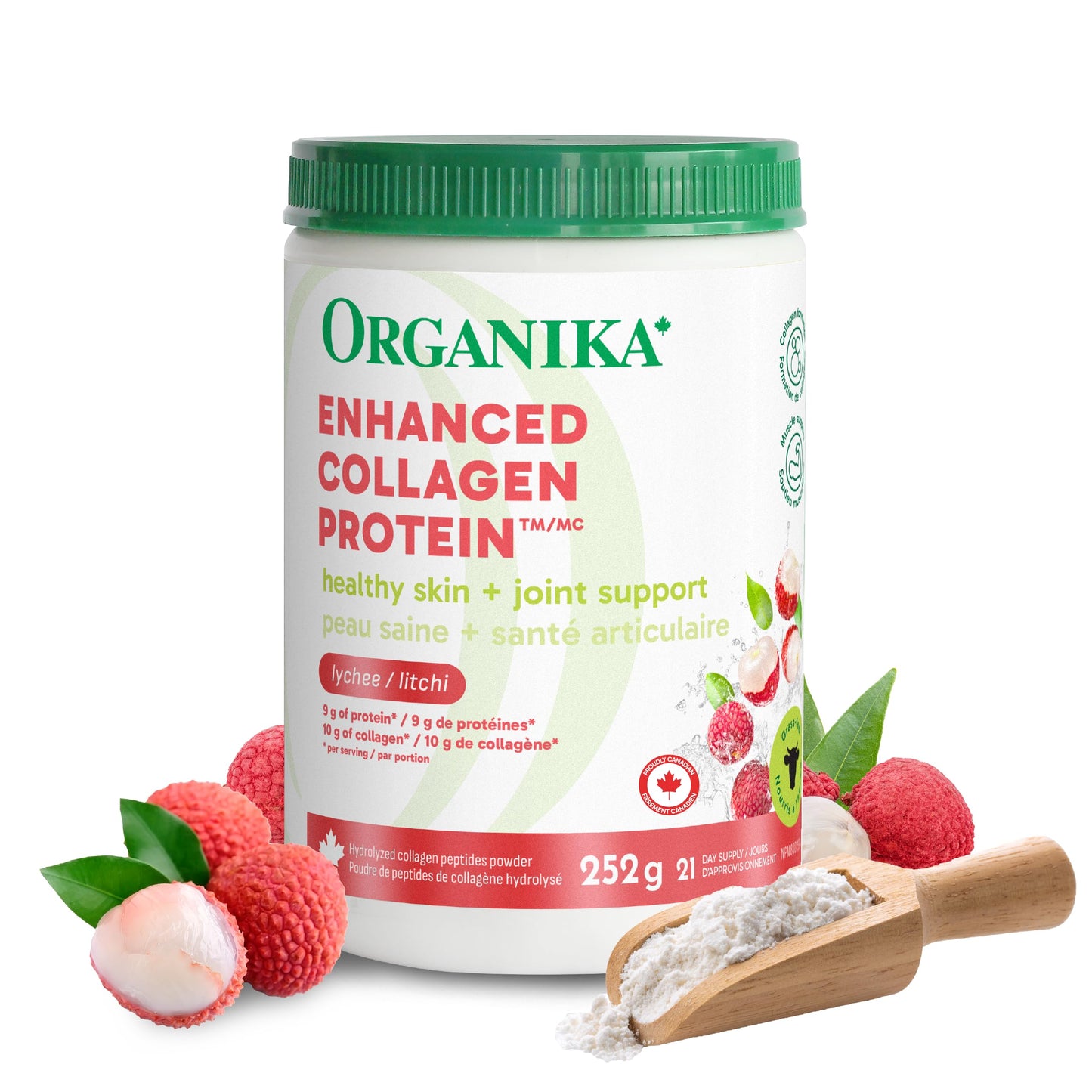 Organika Canadian-Made Enhanced Collagen Protein Powder- Lychee Flavour - Delicious flavour, High Protein Content - Hydrolyzed For Better Absorption – Grass-Fed, Non-GMO - 252g 🍁 All In One Marketplace Canada