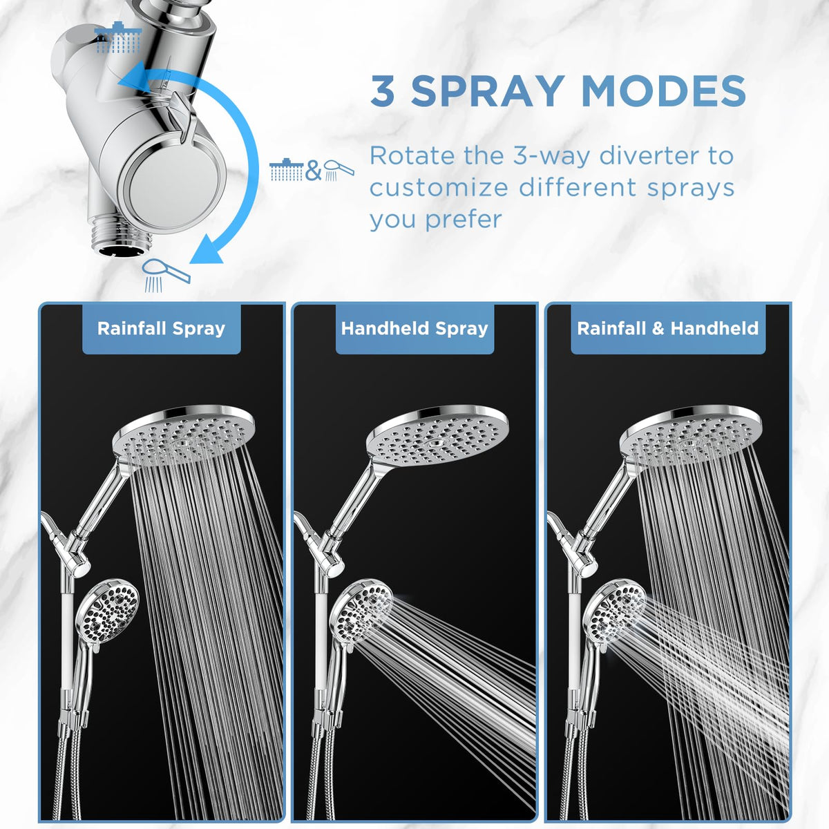 MakeFit Rain Shower Heads System, 3-Spray Dual Shower Head with Solid Brass Adjustable Bar, Rainfall Showerhead with 10 Settings High Pressure Handheld Spray, Buit-in Power Wash Mode (Chrome) 🍁 All In One Marketplace Canada