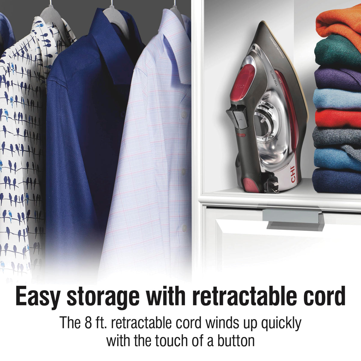 CHI Steam Iron for Clothes with 8’ Retractable Cord, 1700 Watts, 3-Way Auto Shutoff, 400+ Holes, Professional Grade, Temperature Control Dial, Titanium Infused Ceramic Soleplate, Silver (13106) 🍁 All In One Marketplace Canada