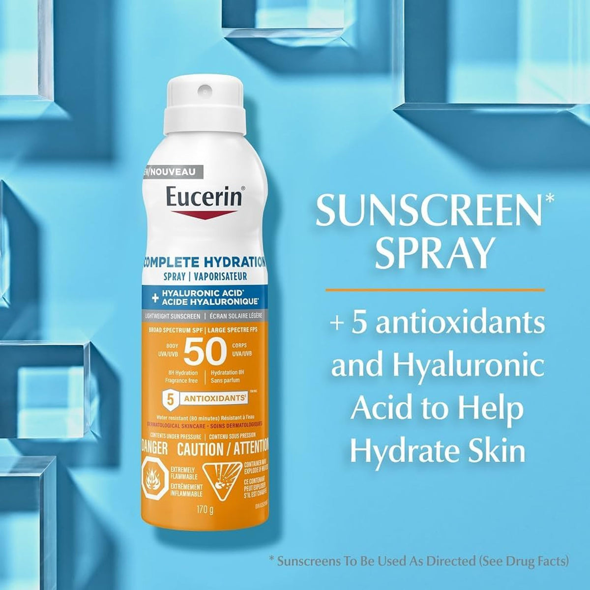 Eucerin Complete Hydration Sunscreen Spray, Daily Body Sunscreen SPF 50 With Hyaluronic Acid, Lightweight Body SPF 50 Spray with UVA-UVB Sun Protection, Fragrance Free & Water Resistant, 170 g Spray Bottle 🍁 All In One Marketplace Canada
