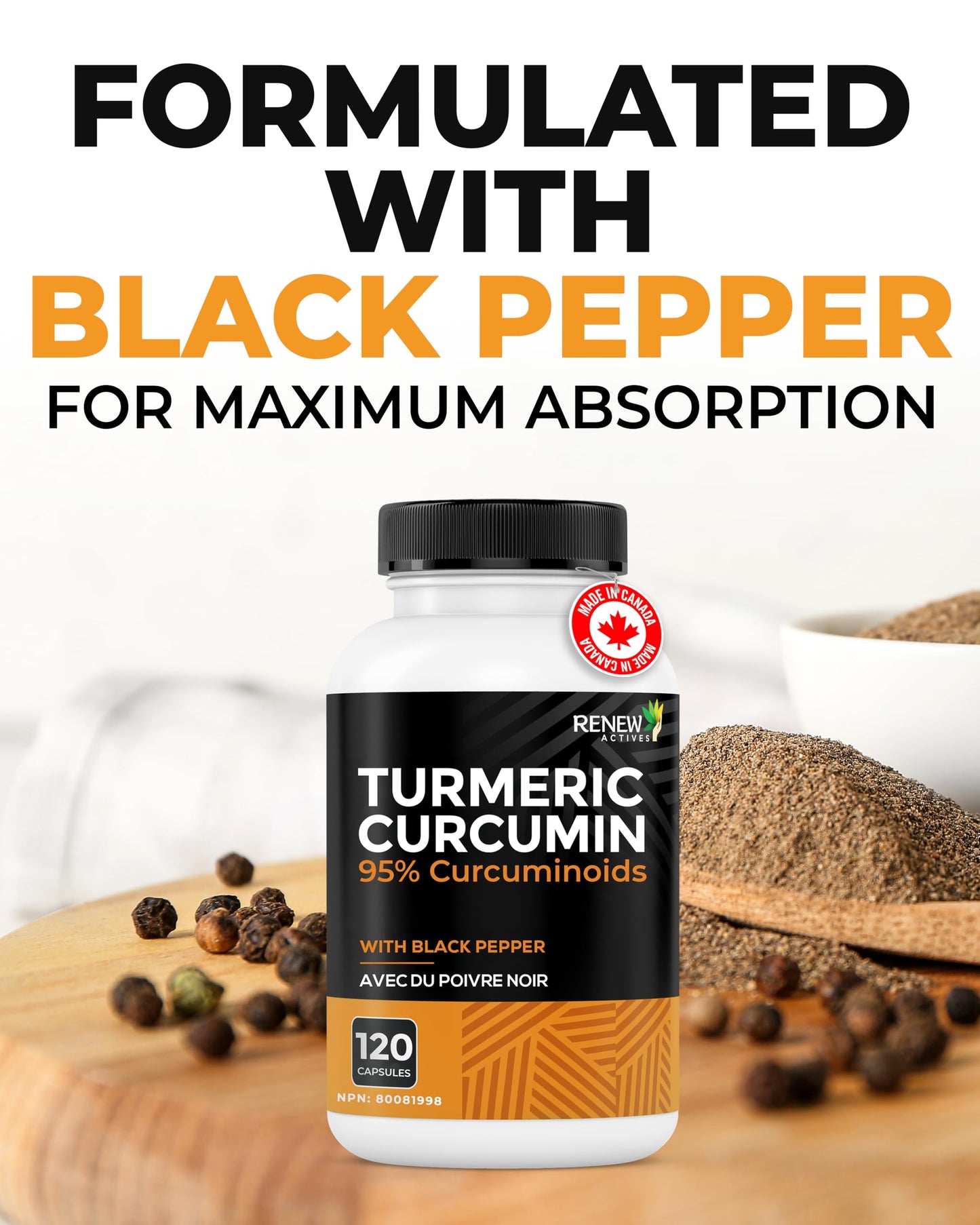 RENEW ACTIVES Turmeric Curcumin – Ultra Potent 95% Curcuminoids with BioPerine Black Pepper for Maximum Absorption – Supports Joint Health, Mobility, Digestion & Liver – Made in Canada – 120 Capsules 🍁 All In One Marketplace Canada