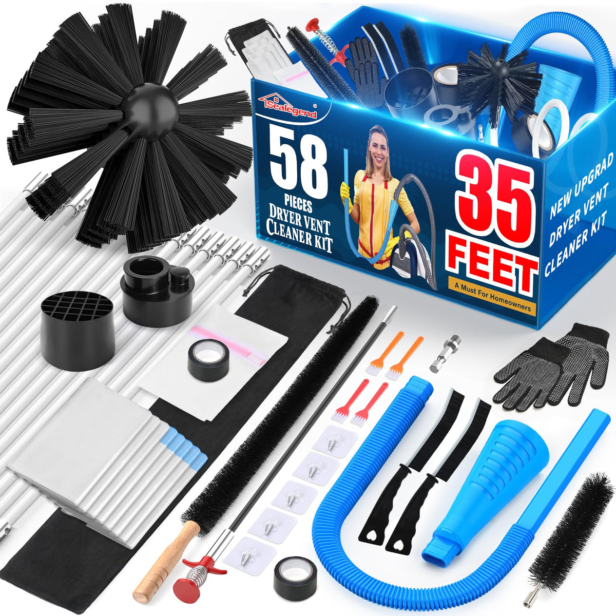 Sealegend 58-Piece Dryer Vent Cleaning Kit Omnidirectional Cleaner Include 35 Feet Dryer Vent Brush Blue Dryer Vacuum Attachment Lint Brush Vacuum&Dryer Adapter 🍁 All In One Marketplace Canada