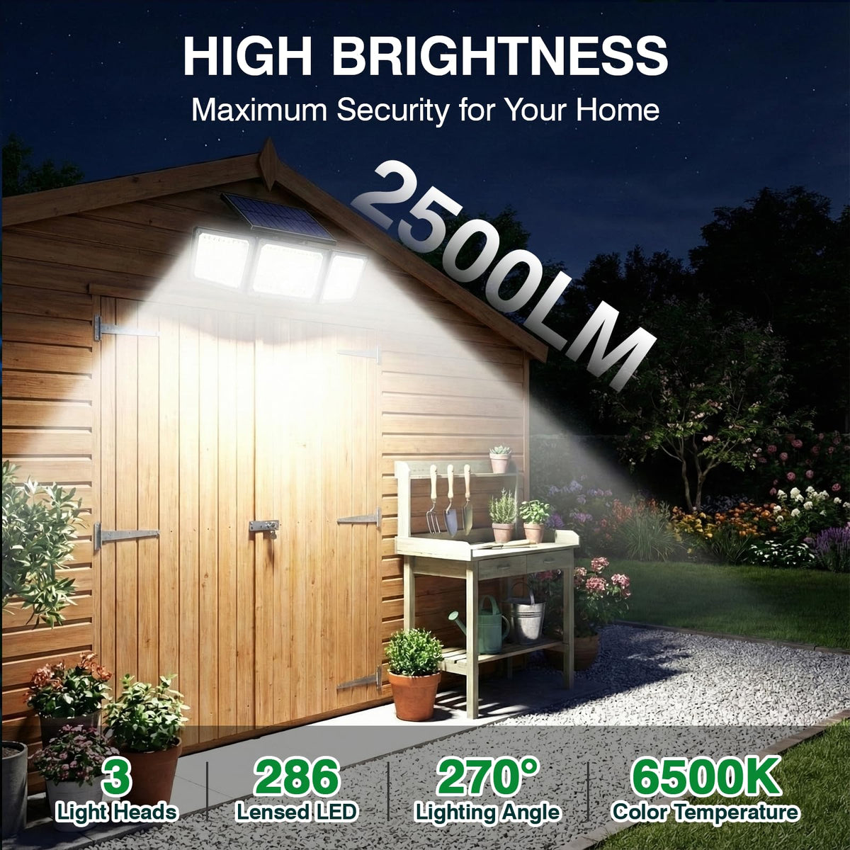 Solar Motion Sensor Light Outdoor, 2500LM 286 LED Solar Outdoor Lights with Power Display & Mode Indicators - 6500K Adjustable 3-Head Flood Light, IP65 Waterproof for Garden, Garage, Yard - 2 Pack 🍁 All In One Marketplace Canada