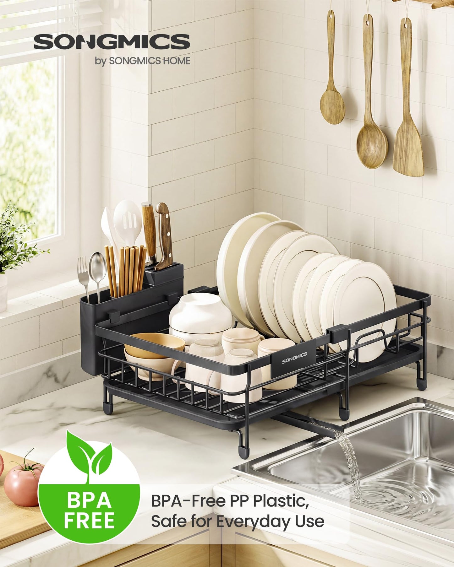 SONGMICS Dish Drainer Rack, Large Extendable Draining Board Rack for Small Spaces, 360° Rotating Extendable Spout, Kitchen Sink Drainer, Steel, 46.5 x 29.6 x 14 cm, Ink Black KCS556BH01 🍁 All In One Marketplace Canada