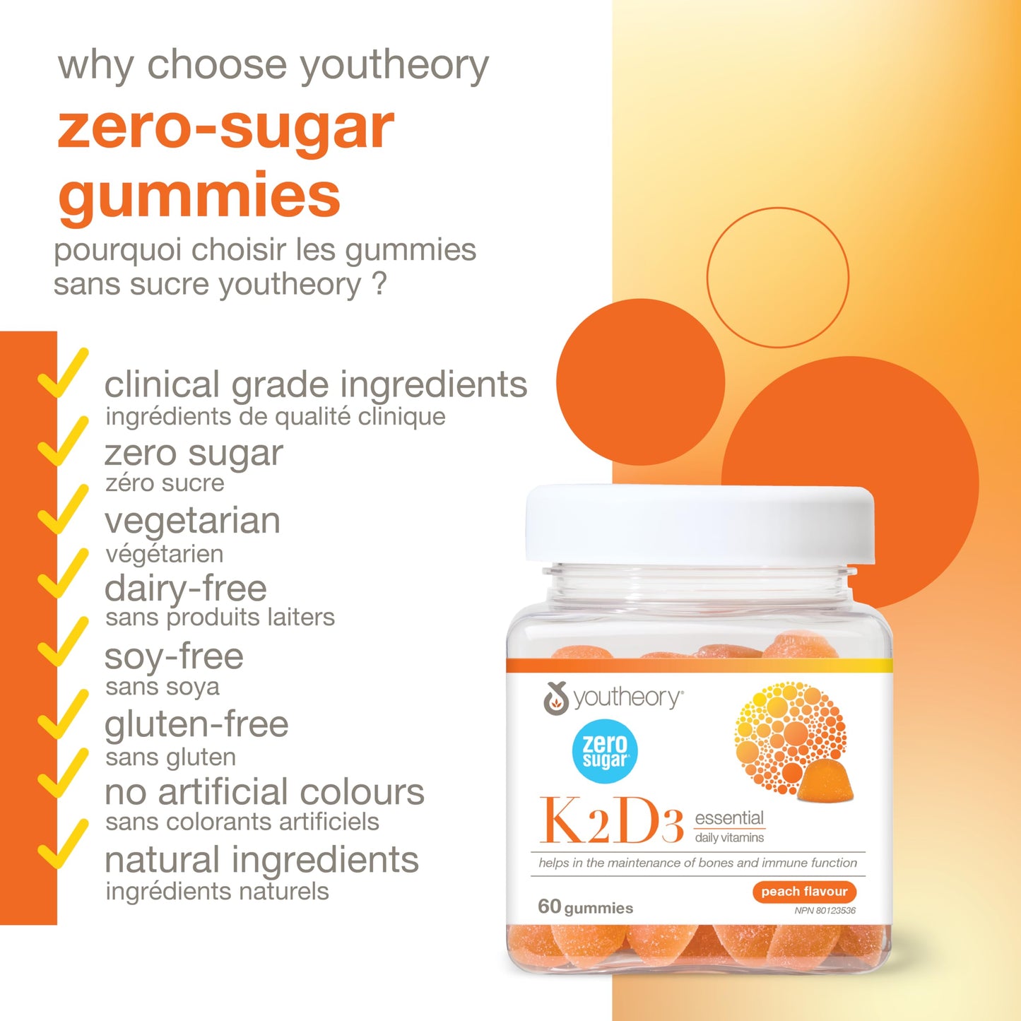 Youtheory K2D3 Zero Sugar Gummies, 1000 IU D3 & MK-7 100 mcg K2, Helps Develop & Maintain Bones & Teeth, Peach Flavour, Vegetarian, 60 Gummies 🍁 All In One Marketplace Canada