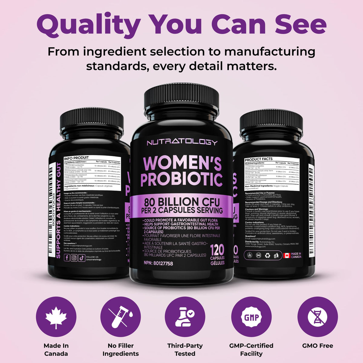 Nutratology® Probiotics for Women | Canadian-Made | 40 Billion CFUs Per Capsule | 80 Billion CFUs Per Serving - Bloating Relief & Digestion - 4 Strains of Women's Probiotic for Gut Health -120 Count 🍁 All In One Marketplace Canada