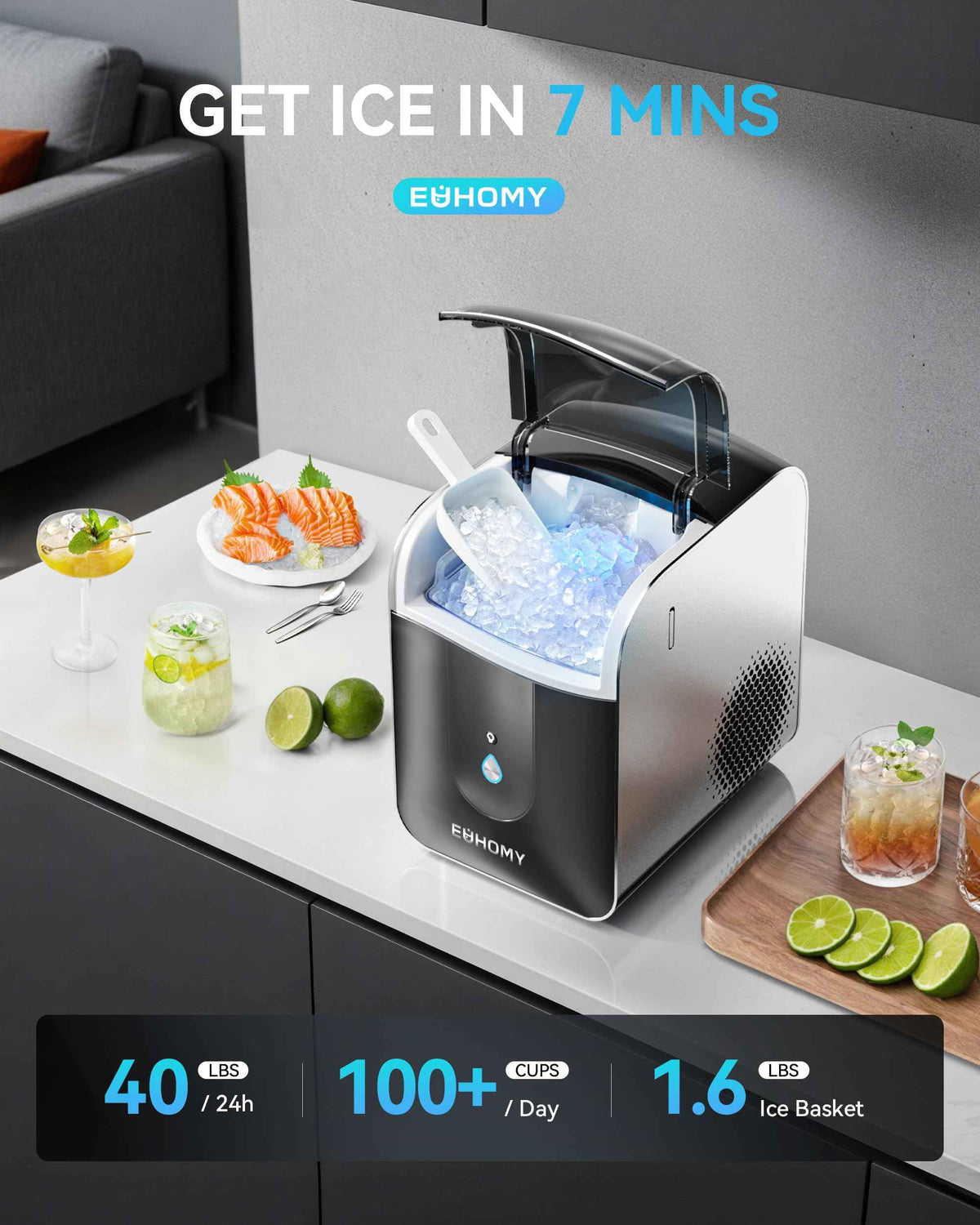 EUHOMY Smart Nugget Ice Maker Countertop, 40lbs/24H Sonic Ice Machine with APP Control, Ready in 8 Mins, Self-Cleaning Pebble Ice Machine for Home/Kitchen/Office