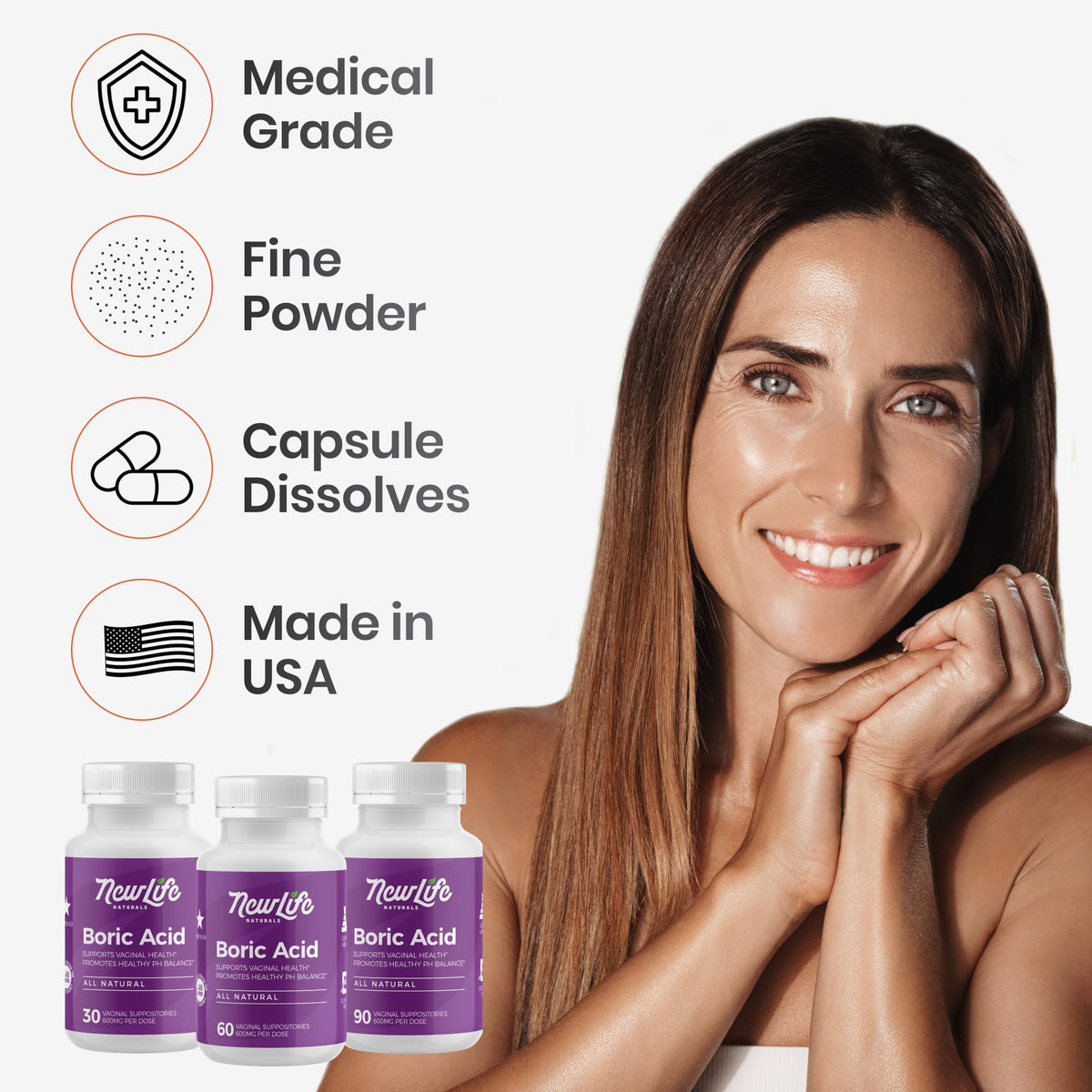 NewLife Naturals - Medical Grade Boric Acid Vaginal Suppositories - 600mg - 100% Pure Womens pH Balance Pills - Yeast Infection & Bacterial Vaginosis - 30 Capsules: Made in USA 🍁 All In One Marketplace Canada