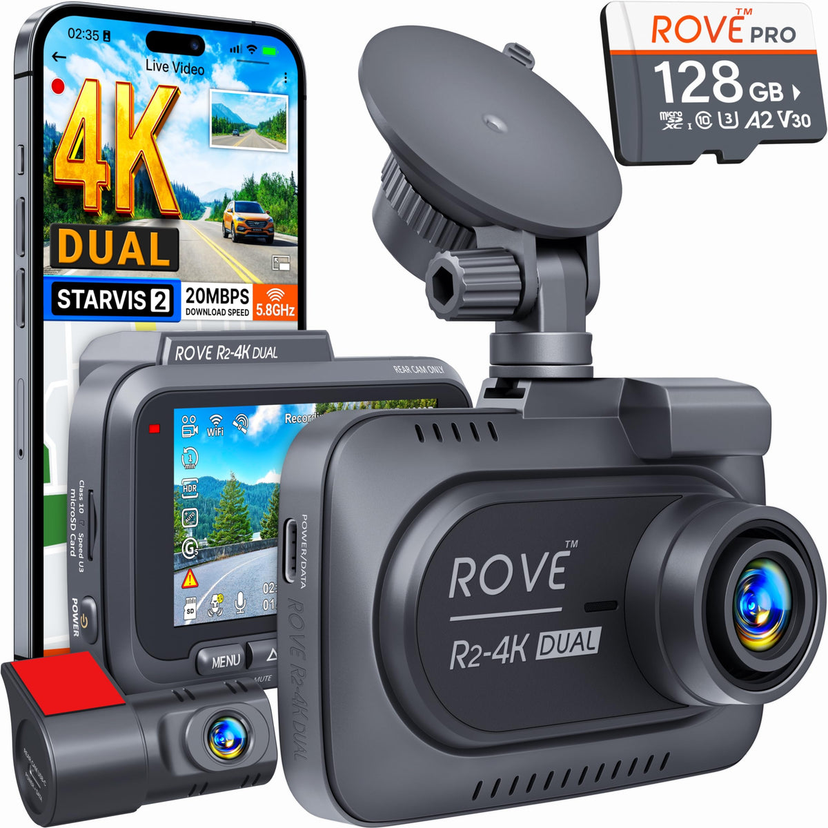 ROVE R2-4K DUAL Dash Cam Front and Rear, STARVIS 2 Sensor, FREE 128GB Card Included, 5G WiFi - up to 20MB/s Fastest Download Speed with App, 4K 2160P/FHD Dash Camera for Cars, 3" IPS, 24H Parking Mode 🍁 All In One Marketplace Canada