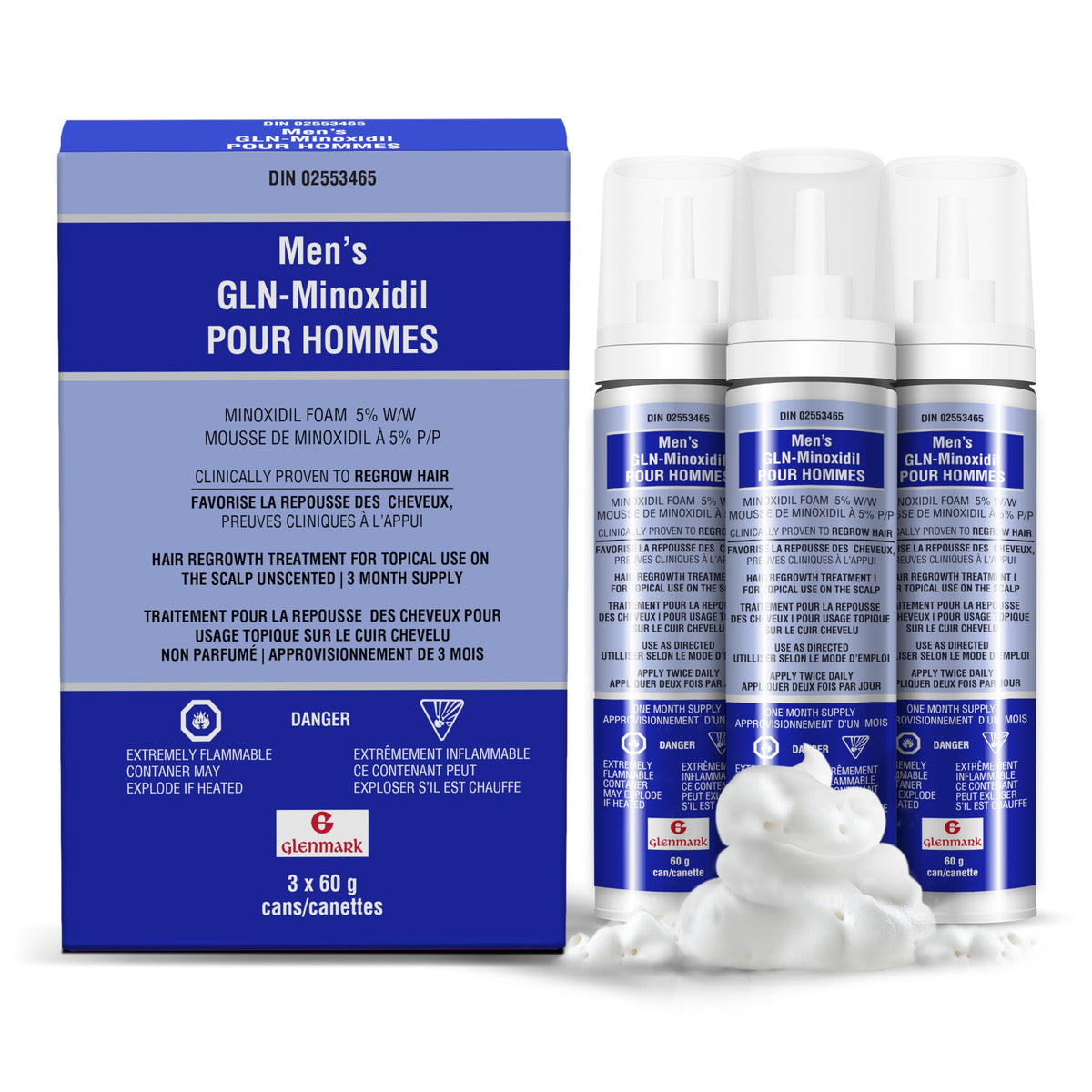 Glenmark | Minoxidil 5% Hair Regrowth Foam for Men, Aerosol Can, 3 Month Treatment (180 gr) – Mess-Free, Fast-Drying Formula for Thinning Hair & Hair Loss – Reactivates Follicles 🍁 All In One Marketplace Canada