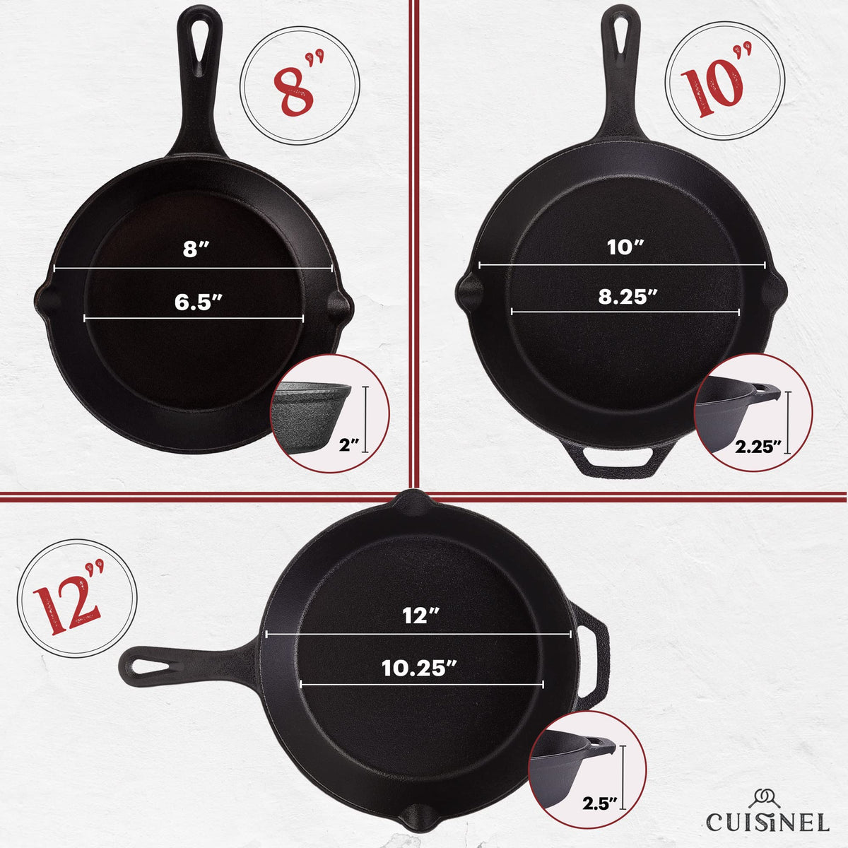 Cast Iron Skillet Set - 8" + 10" + 12"-Inch Pre-Seasoned Frying Pans + Silicone Handle Grip Covers - Indoor/Outdoor, Oven, Grill, Stovetop, BBQ, Fire and Induction Safe Kitchen and Camping Cookware 🍁 All In One Marketplace Canada