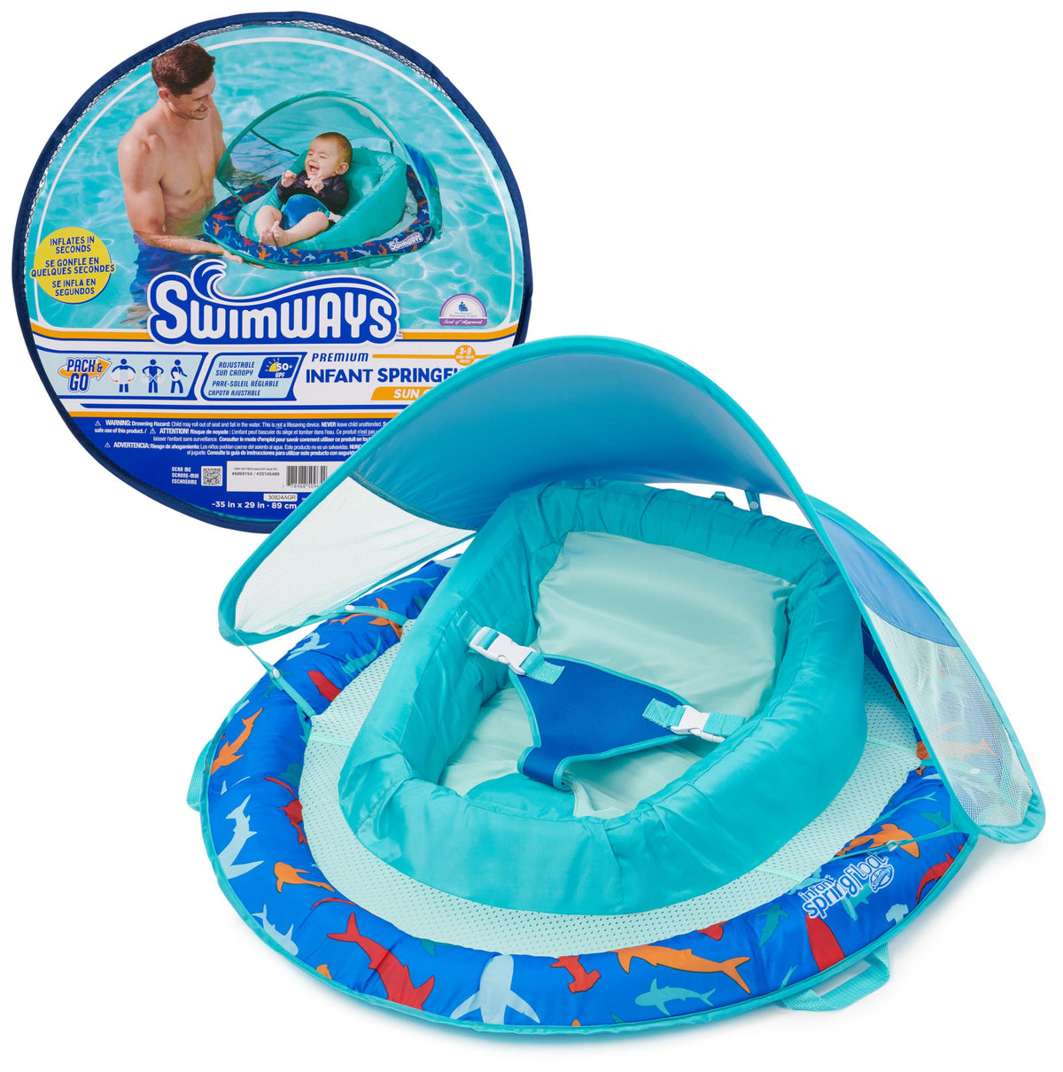 Swimways Infant Spring Float, Baby Pool Float with Canopy & UPF Protection, Swimming Pool Accessories for Kids 3-9 Months, Shark 🍁 All In One Marketplace Canada