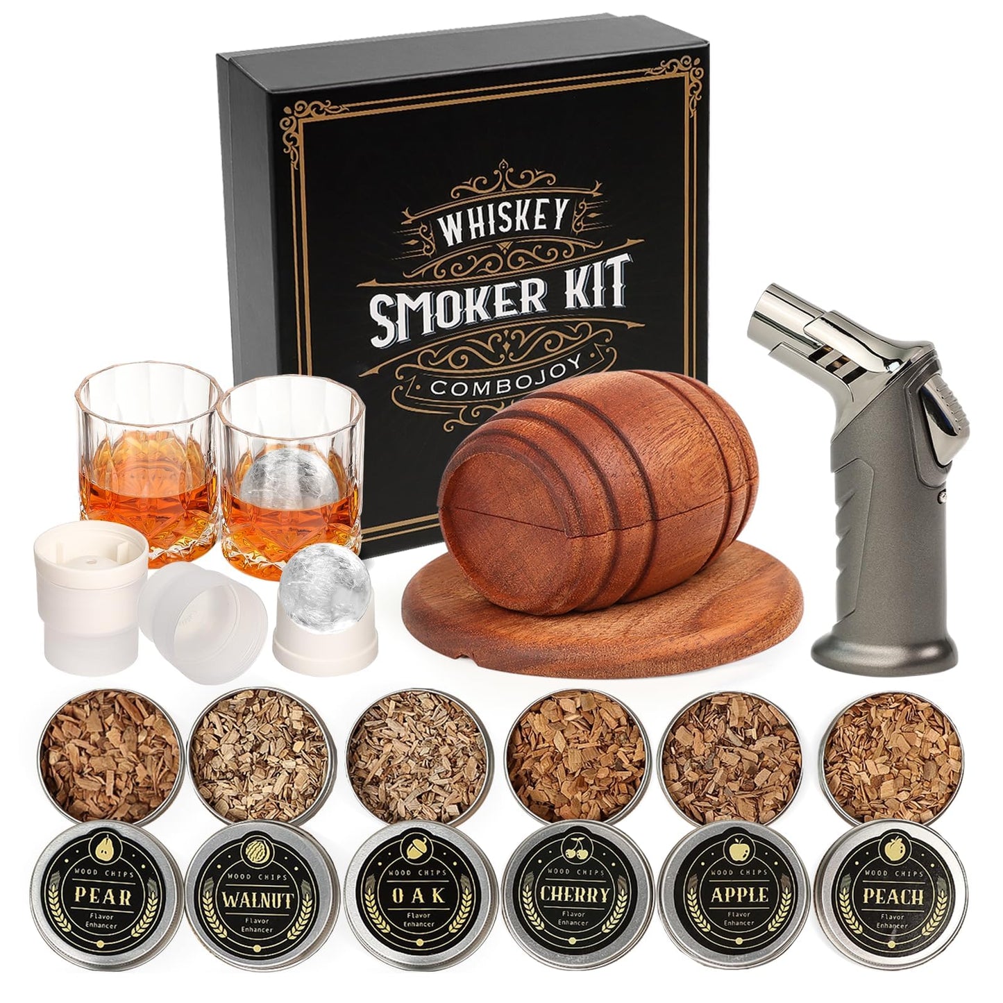 Whiskey Smoker Kit with Torch - 6 Flavors Wood Chips, 2 Glasses, 2 Ice Ball Molds - Cocktail Smoker Infuser Kit, Old Fashioned Drink Smoker Kit, Birthday Bourbon Whiskey Gifts for Men,Dad(NO Butane) 🍁 All In One Marketplace Canada