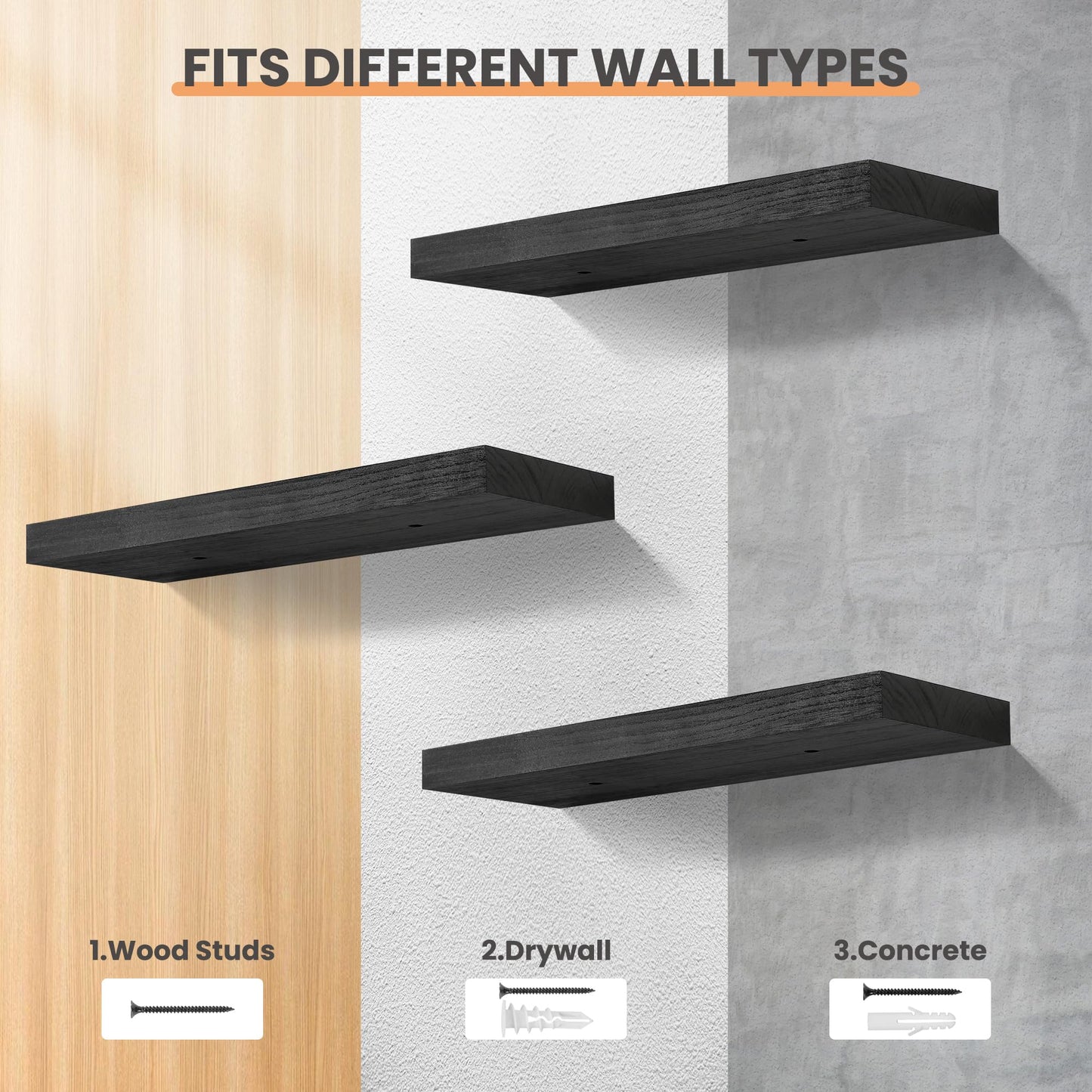 upsimples 16.5" L Black Wooden Floating Shelves with Invisible Brackets, Wall Mounted Modern Wood Shelves Set of 3, for Bathroom Bedroom 🍁 All In One Marketplace Canada