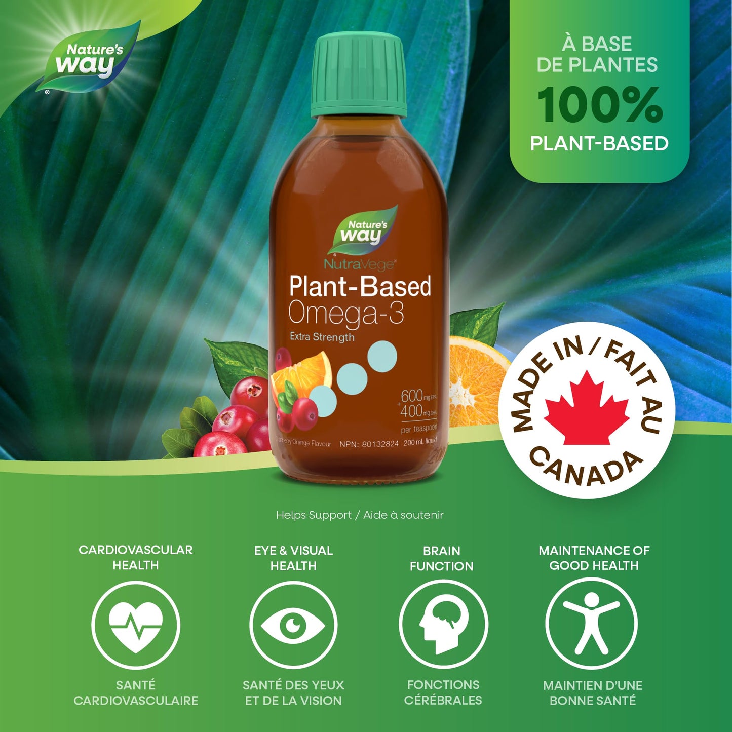 Nature's Way NutraVege Plant-based Omega-3 Extra Strength Vegetarian Liquid Supplement - 1000mg EPA + DHA - Cranberry Orange Flavour – Supports Healthy Heart, Eyes and Brain Function in Adults, 200 mL 🍁 All In One Marketplace Canada