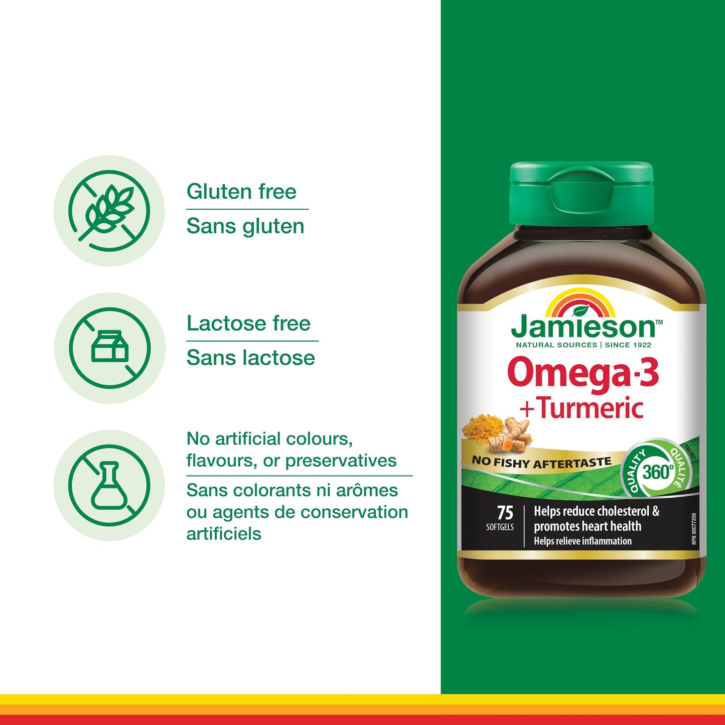 Jamieson Omega-3 + Turmeric Softgels, No Fishy Aftertaste, Supports Heart, Brain, and Joint Health. Fish Oil, Reduces Cholesterol and Inflammation, with EPA and DHA, Gluten-Free, 75 Count, Proudly Canadian 🍁 All In One Marketplace Canada