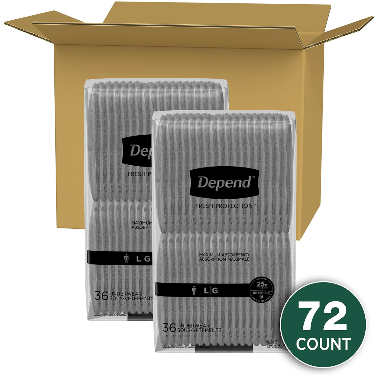 Depend Fresh Protection Adult Incontinence Underwear for Men (Formerly Depend Fit-Flex), Disposable, Maximum, Large, Grey, 72 Count (2 Packs of 36) 🍁 All In One Marketplace Canada