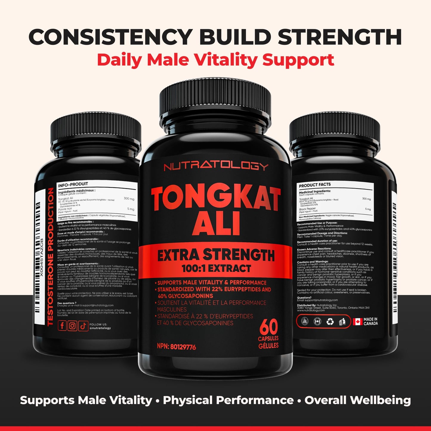Nutratology® Tongkat Ali Supplement For Men | Canadian Made | 100:1 Extra Strength Tongkat Ali Extract + Black Pepper | Supports Male Vitality & Performance | 60 Capsules 🍁 All In One Marketplace Canada