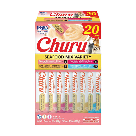 INABA Churu Cat Treats, Lickable, Squeezable Creamy Purée Cat Treat with Green Tea Extract & Taurine, 14 Grams Each Tube, 20 Tubes, Seafood Variety Box 🍁 All In One Marketplace Canada