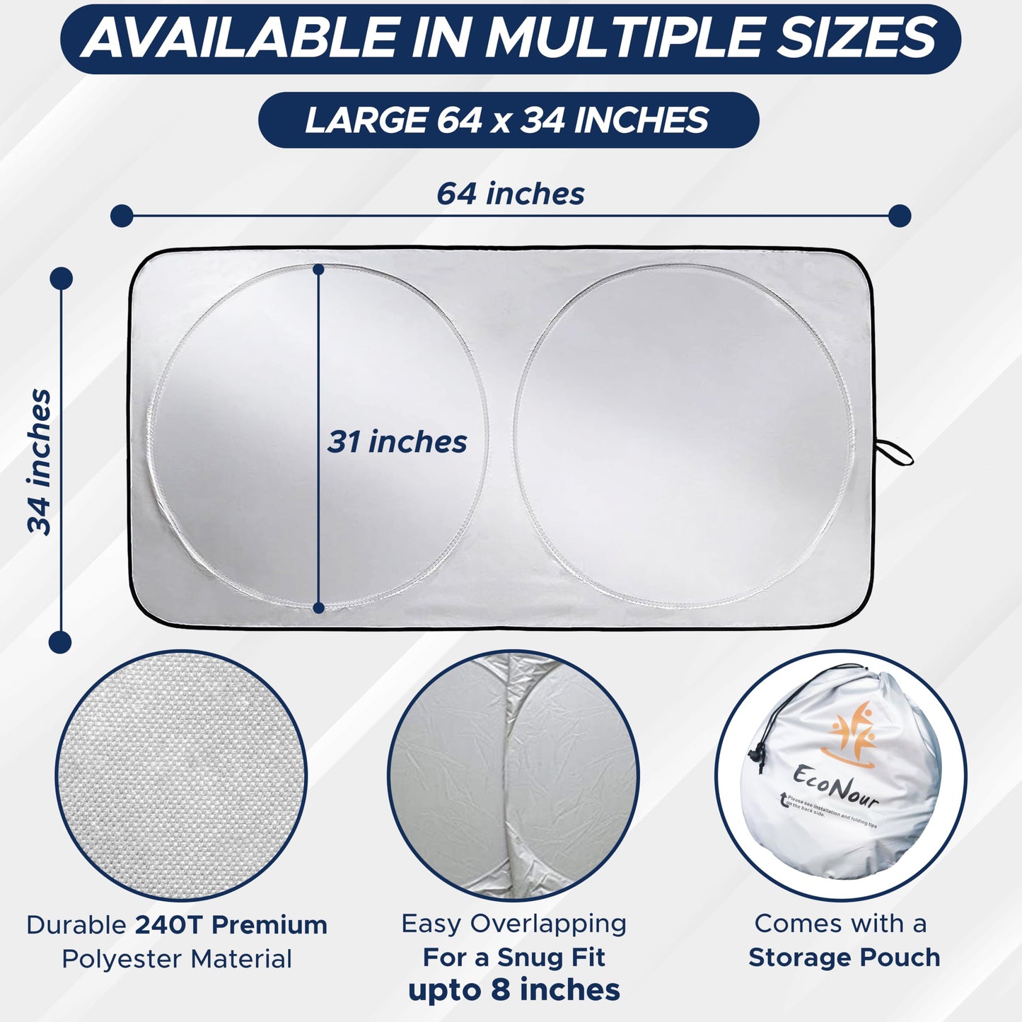 EcoNour Car Windshield Sun Shade with Storage Pouch | Durable 240T Material Car Sun Visor for UV Rays, Sun Heat Protection | Car Interior Accessories for Sun Heat | Medium Plus (64 inches x 34 inches) 🍁 All In One Marketplace Canada