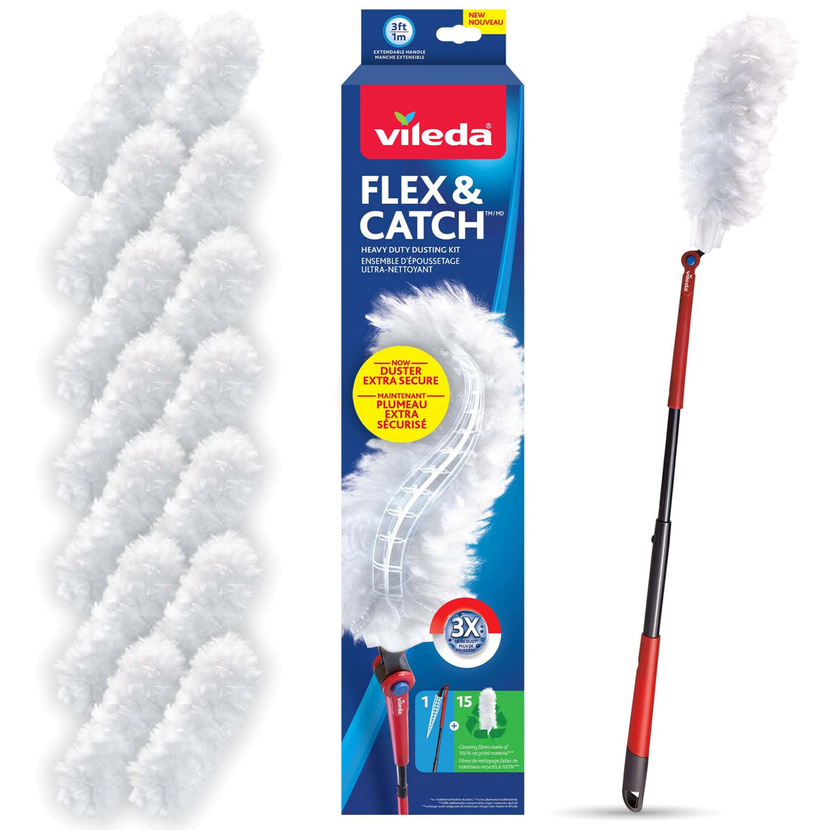 Vileda Duster | Flex & Catch Heavy Duty Dusting Kit with 15 Disposable Duster Refills | Extendable 3 Ft Handle with Secure Hook | Traps 3X More Dust Than Feather Dusters 🍁 All In One Marketplace Canada